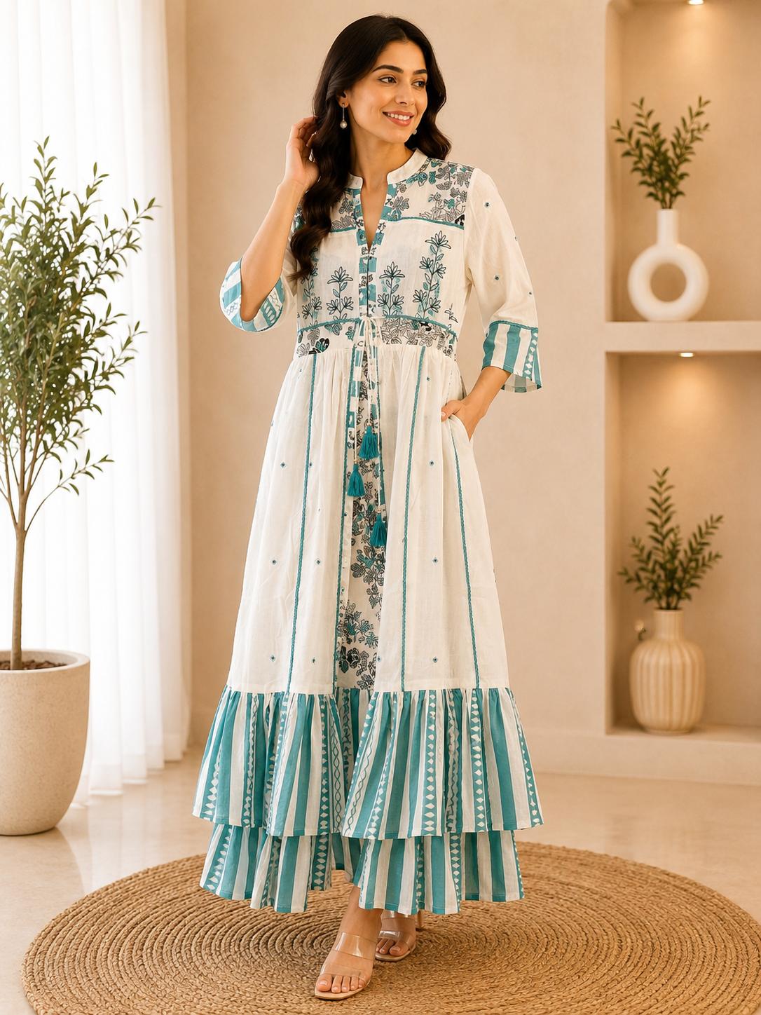 White & Teal Floral Block Print Kurta with Striped Sharara Set