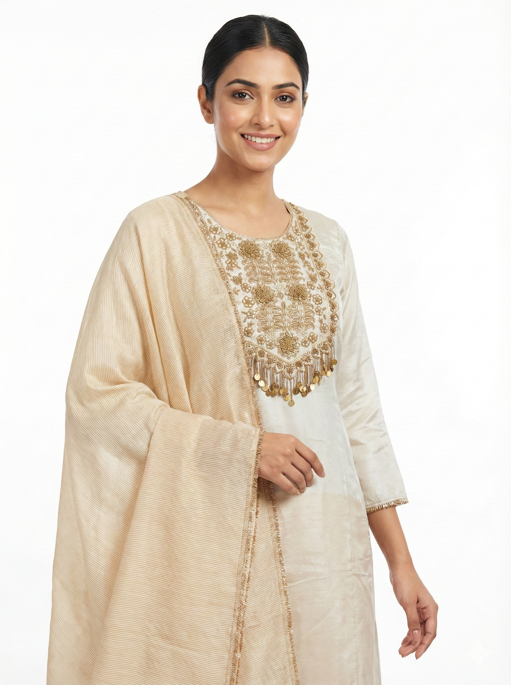 Cream Gold Embroidered Festive Suit Set with Dupatta