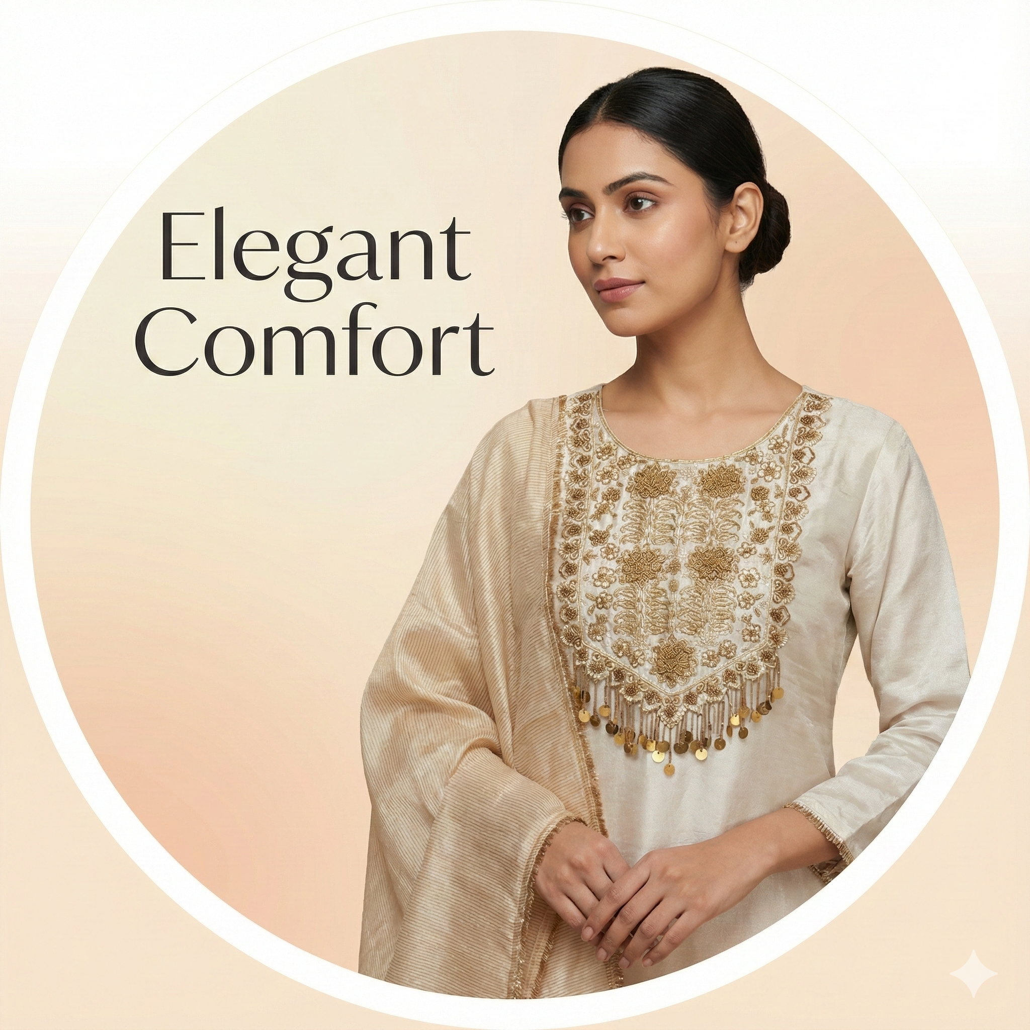 Cream Gold Embroidered Festive Suit Set with Dupatta