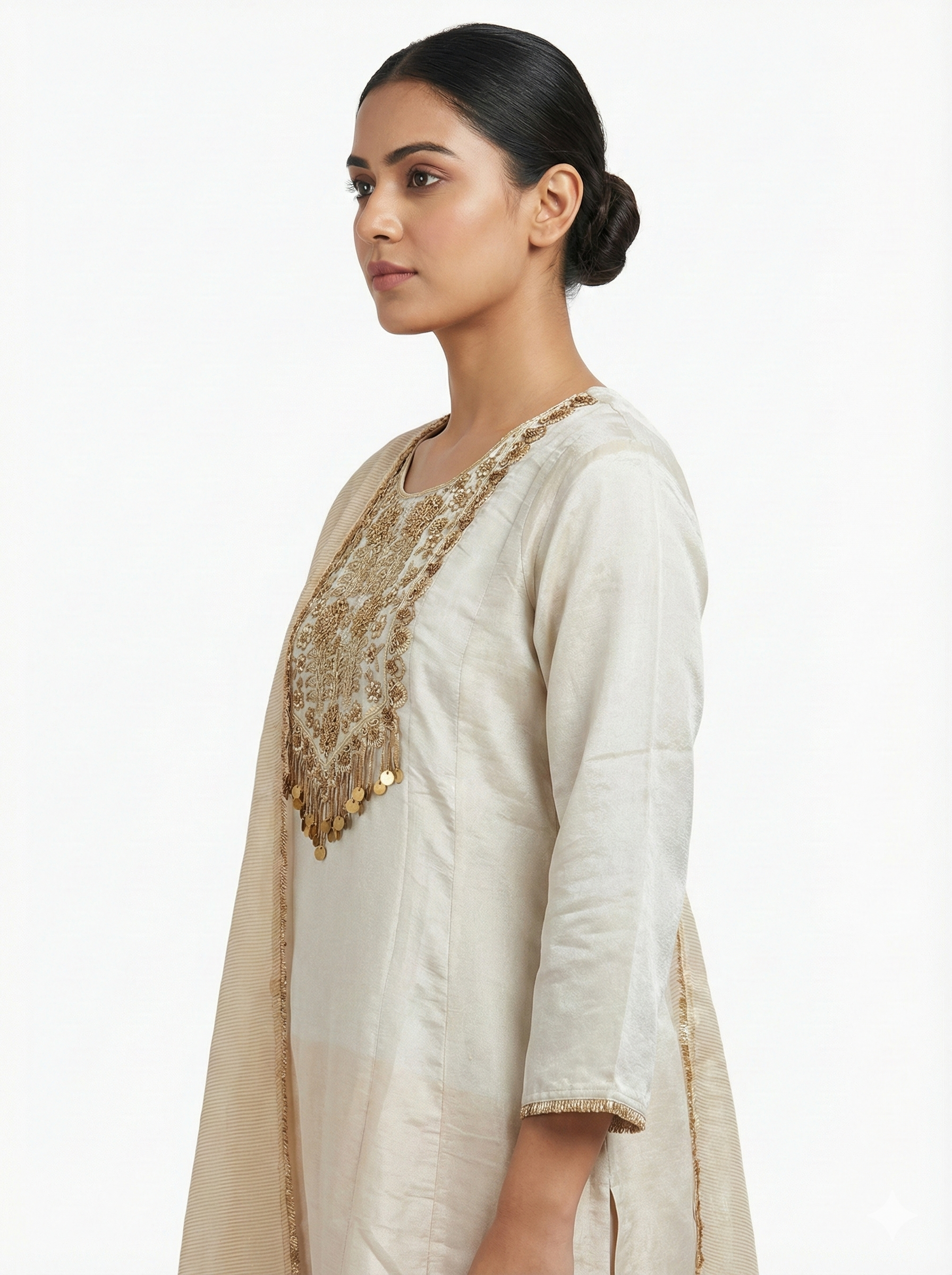 Cream Gold Embroidered Festive Suit Set with Dupatta