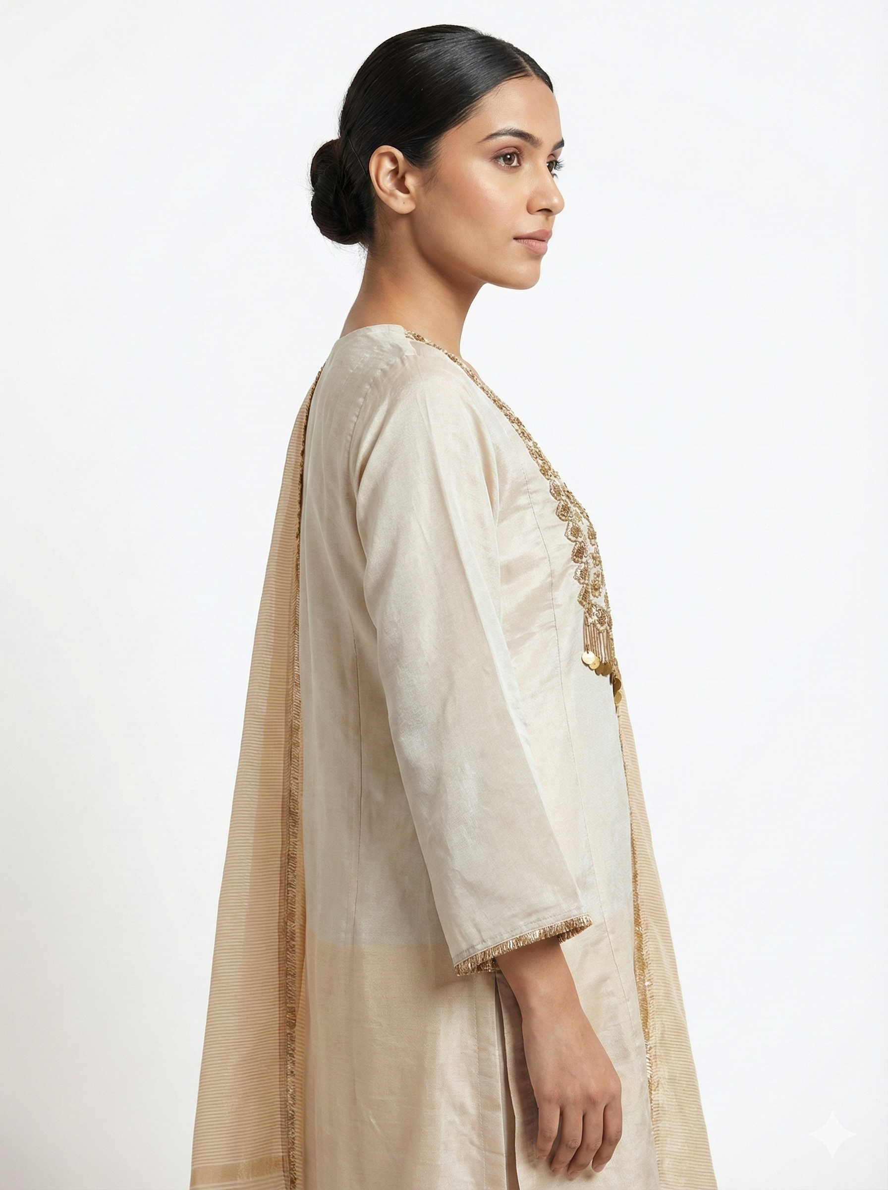 Cream Gold Embroidered Festive Suit Set with Dupatta