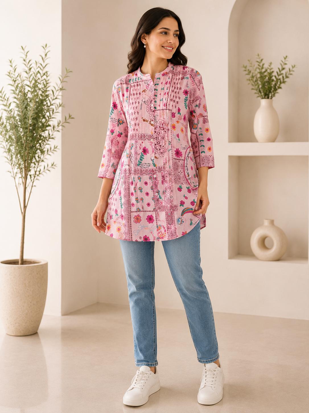 Pink Graffiti Doodle Print Pintuck Mandarin Collar Tunic Top