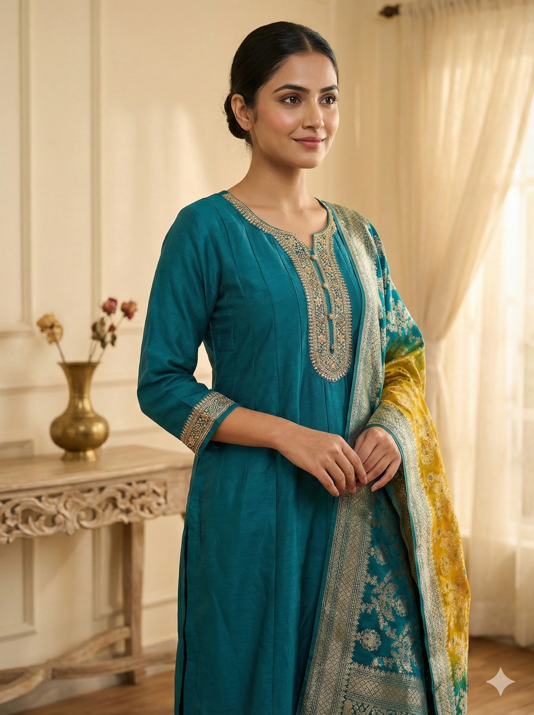Teal Embroidered Ethnic Suit Set with Designer Dupatta