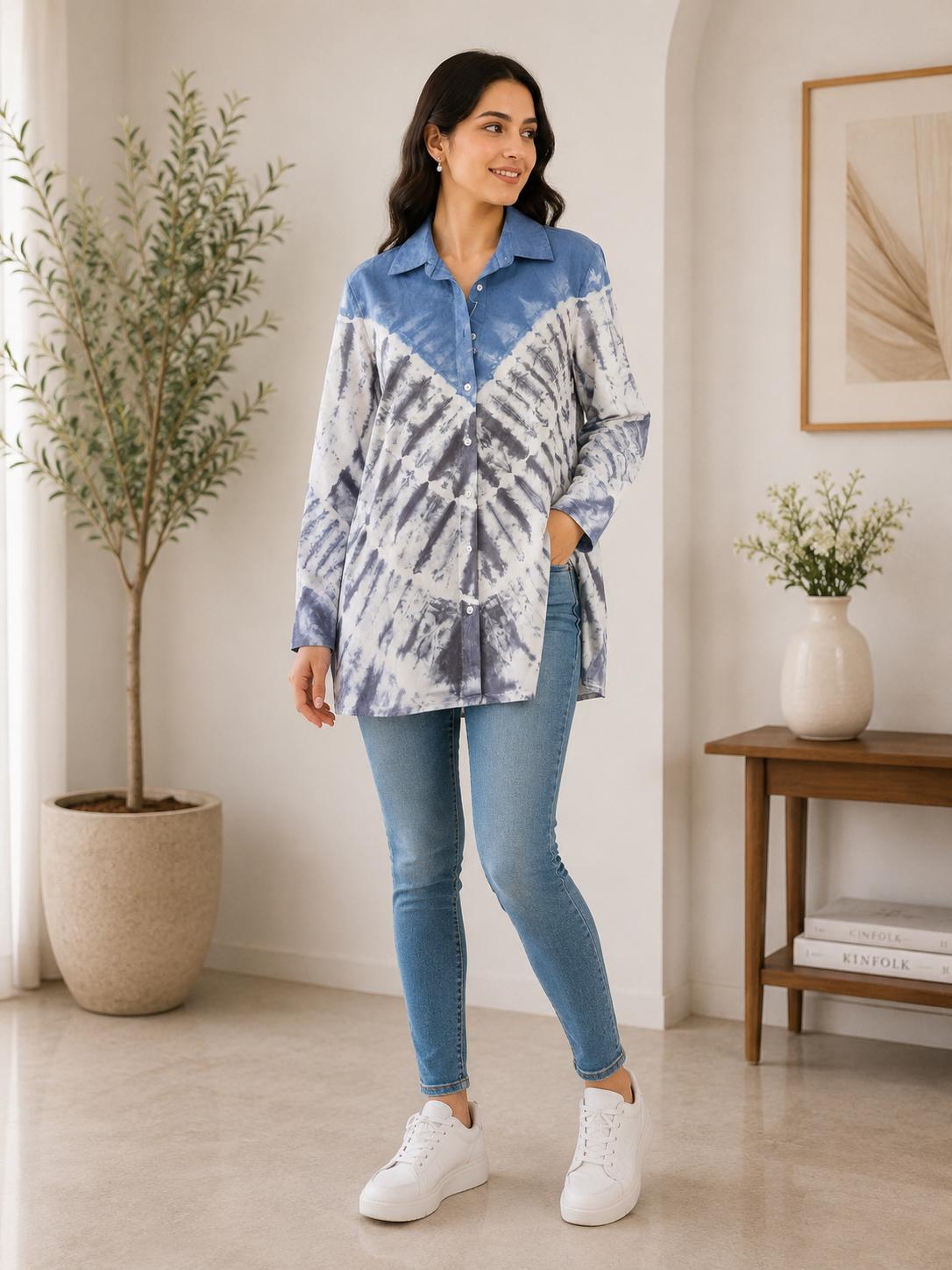 Blue White Tie-Dye Shibori Print Oversized Shirt Top
