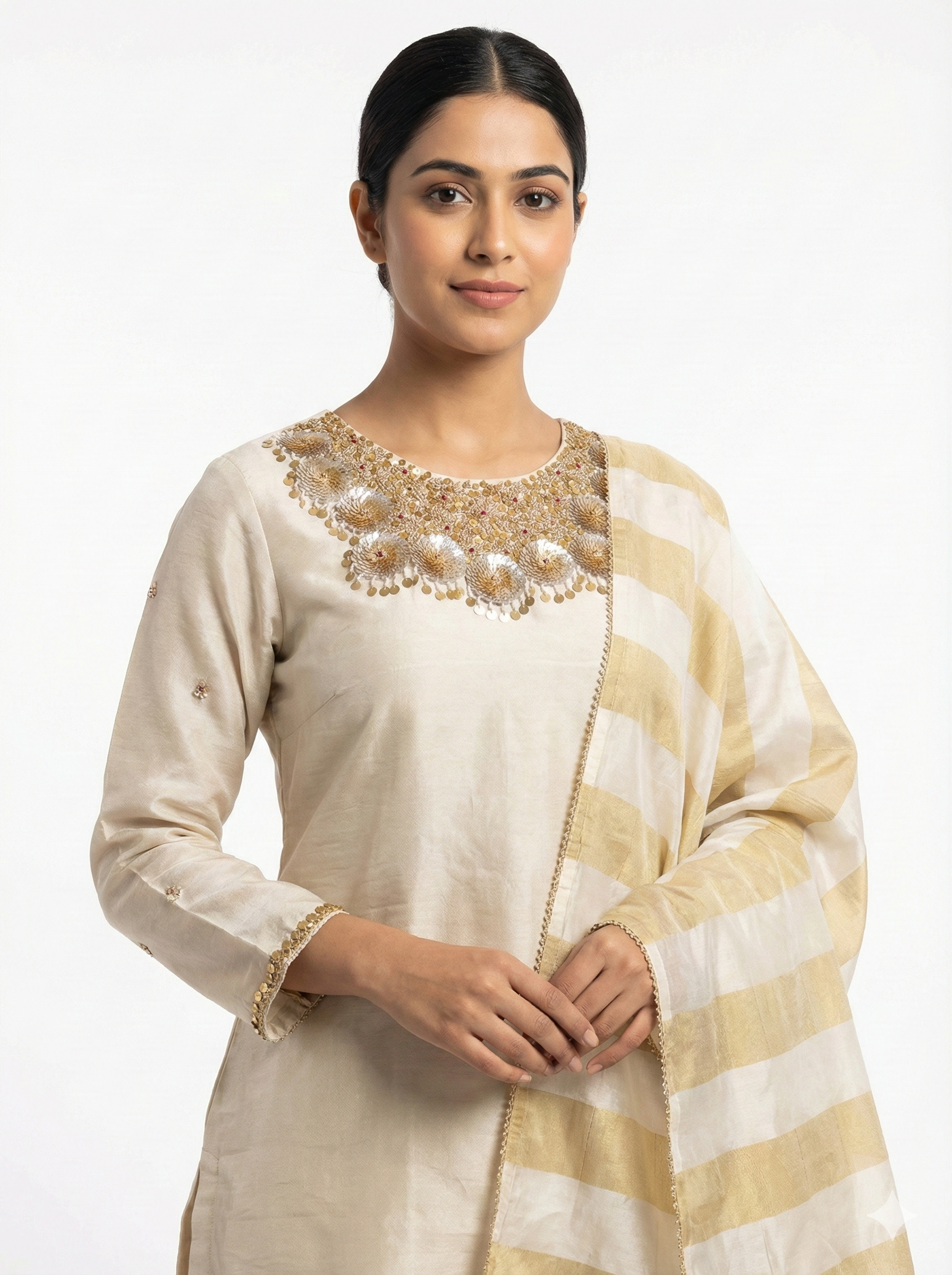 Beige Gold Embroidered Festive Suit Set with Dupatta