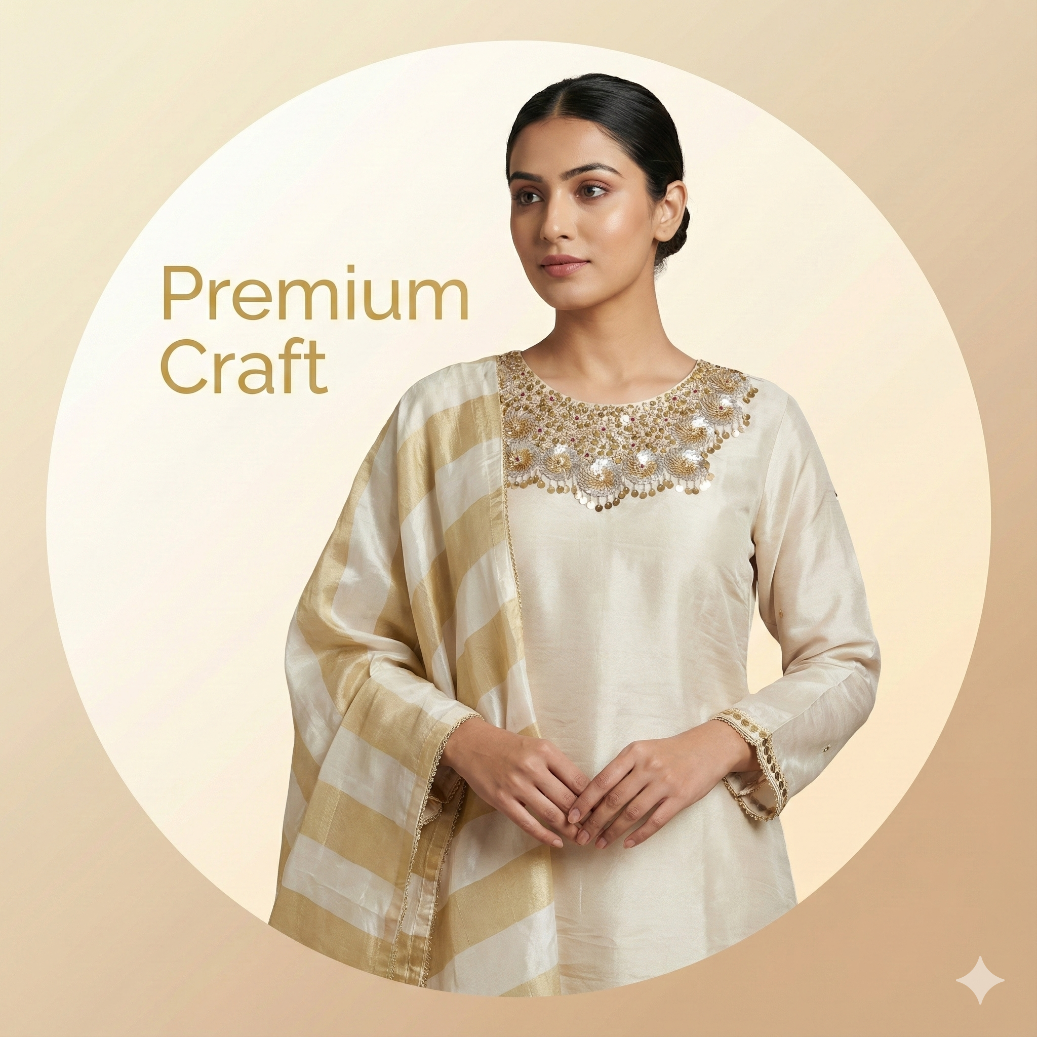 Beige Gold Embroidered Festive Suit Set with Dupatta