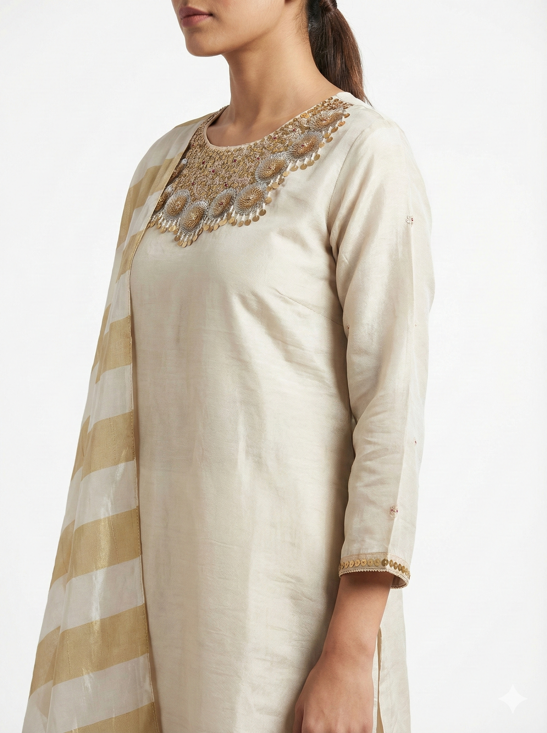 Beige Gold Embroidered Festive Suit Set with Dupatta