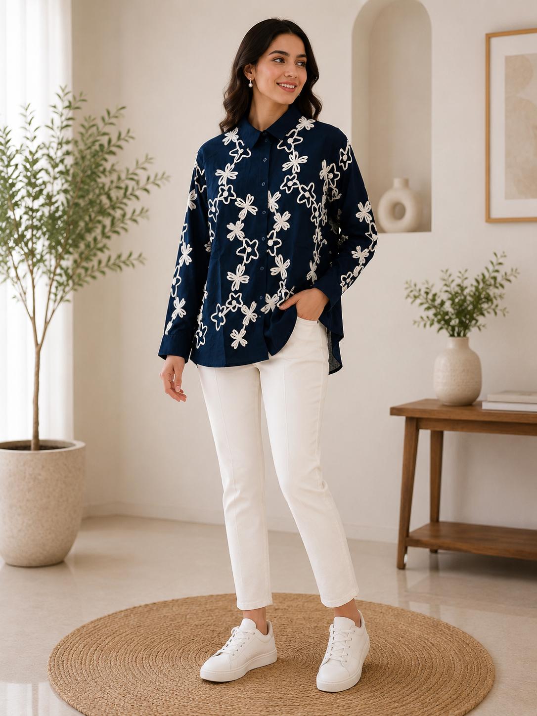 Navy Blue White Floral Chain Stitch Embroidered Oversized Shirt Top