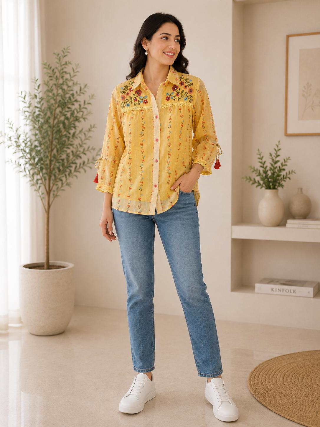 Yellow Floral Embroidered Yoke Stripe Shirt Top with Bell Sleeves & Tassels