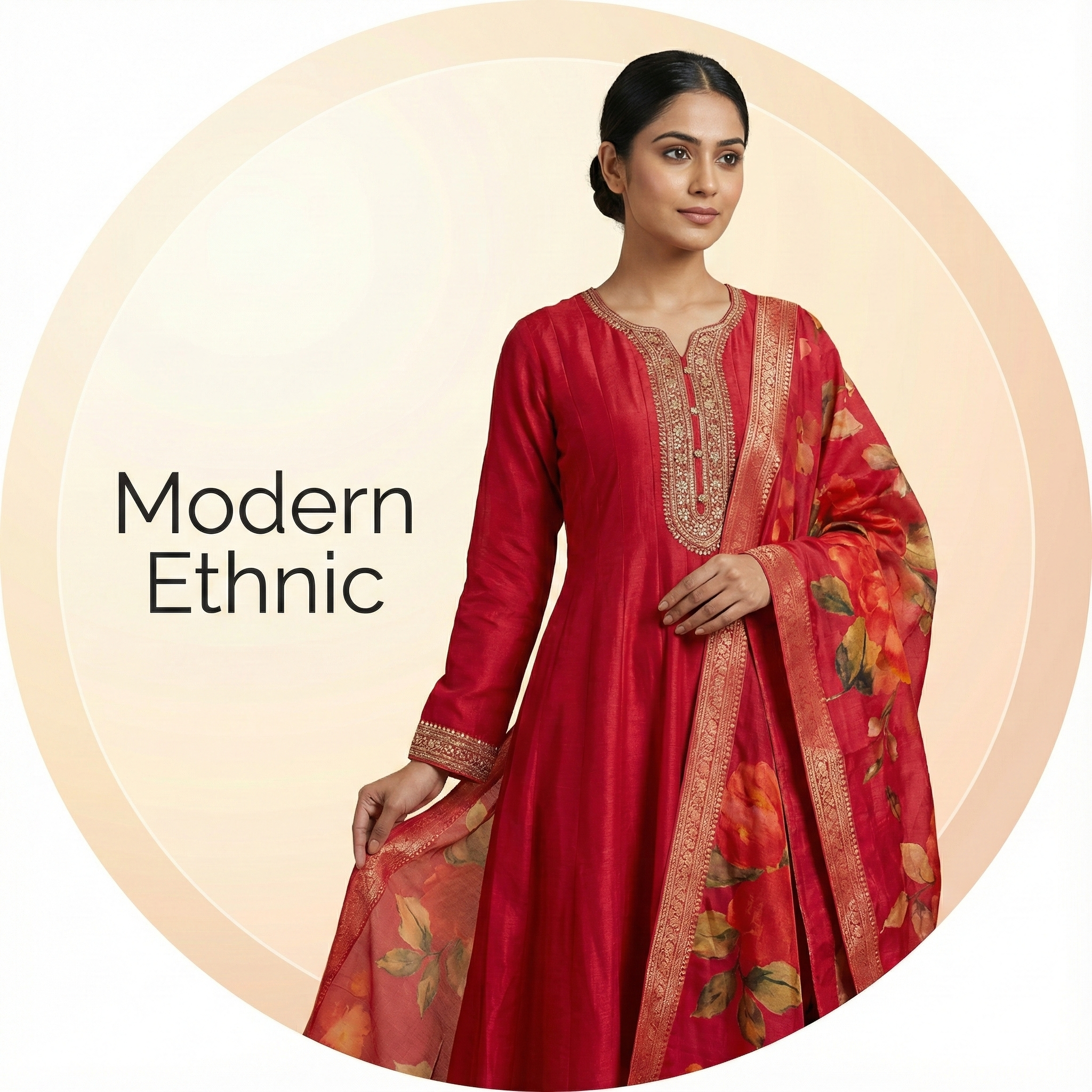Royal Red Embroidered Anarkali Suit Set with Floral Dupatta