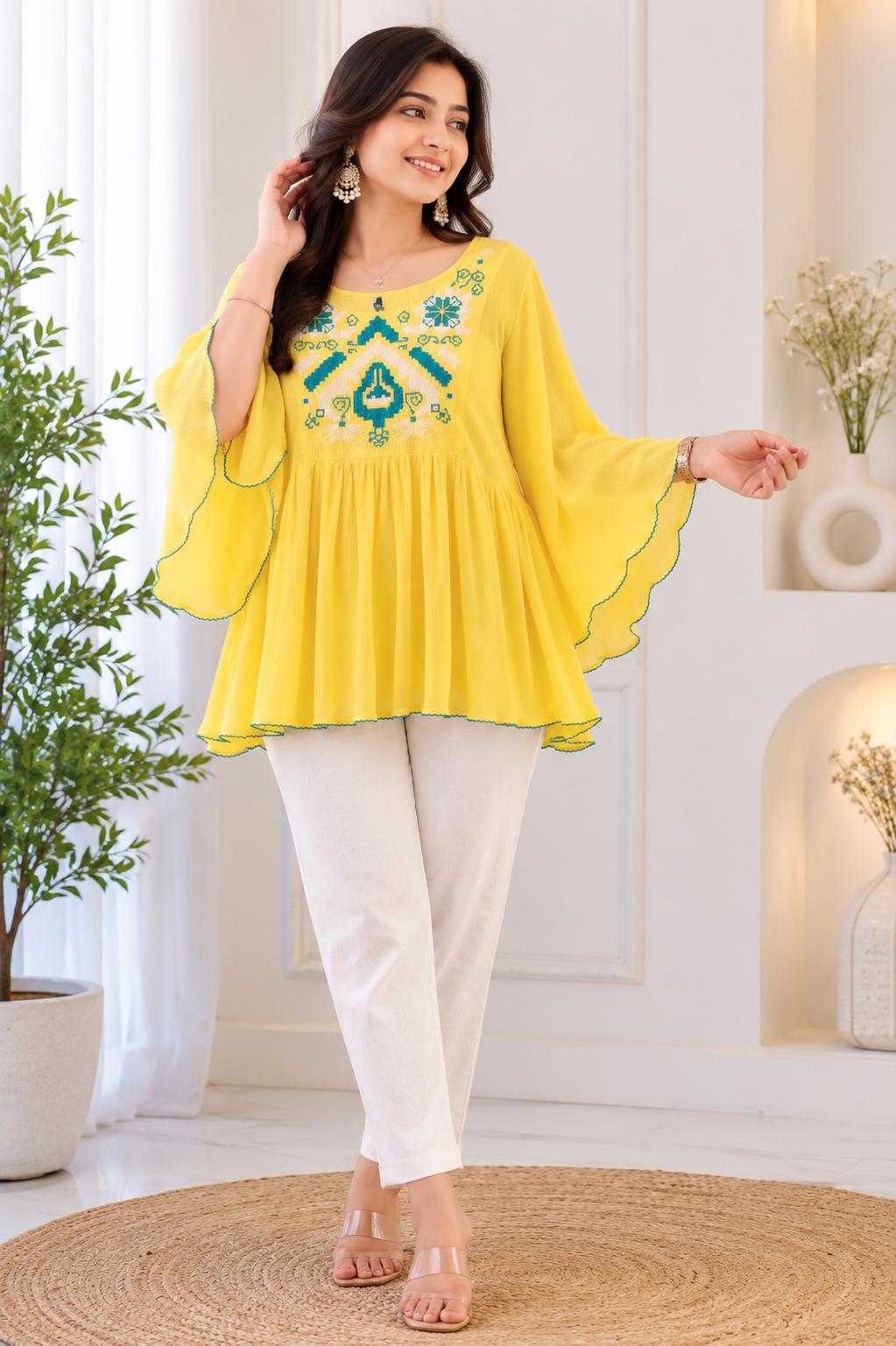 Yellow Geometric Cross-Stitch Embroidered Peplum Top with Scallop Bell Sleeves