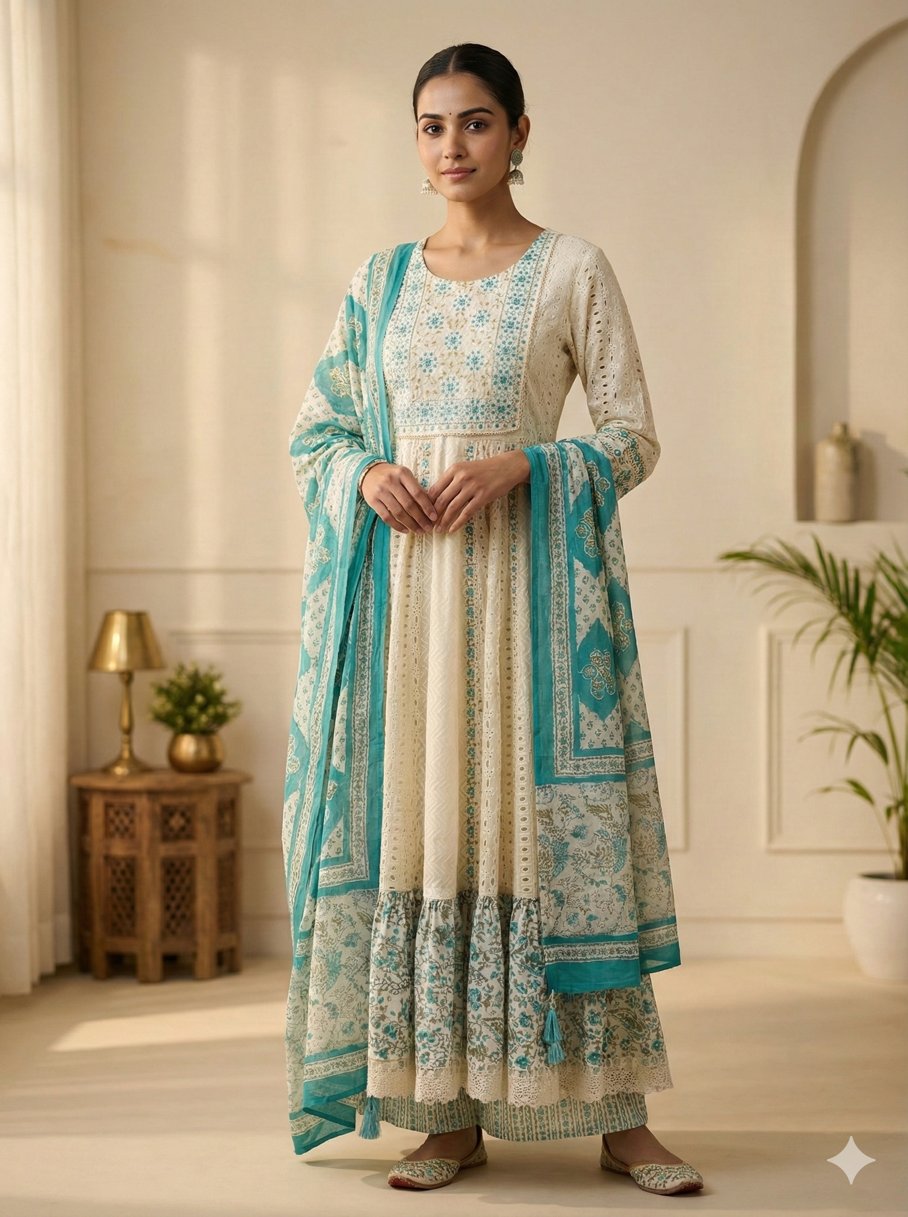 Ivory Aqua Printed Anarkali Suit Set with Dupatta