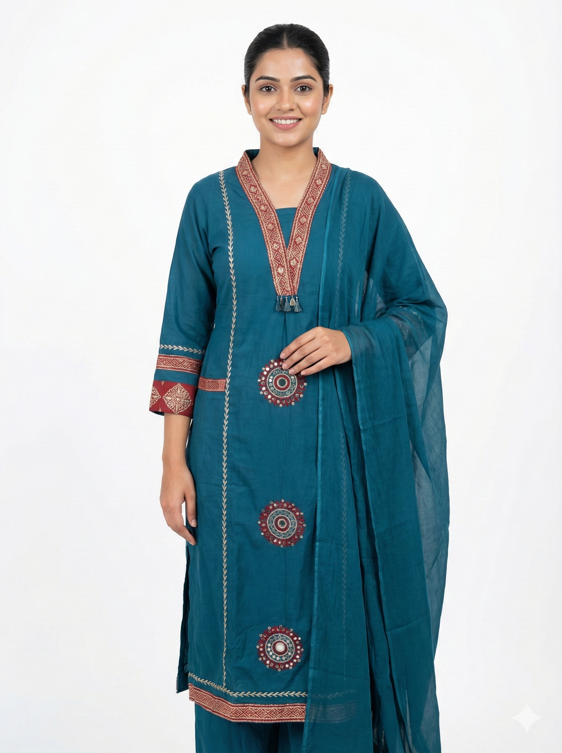 Teal Blue Embroidered Kurta Pant Dupatta Set for Women