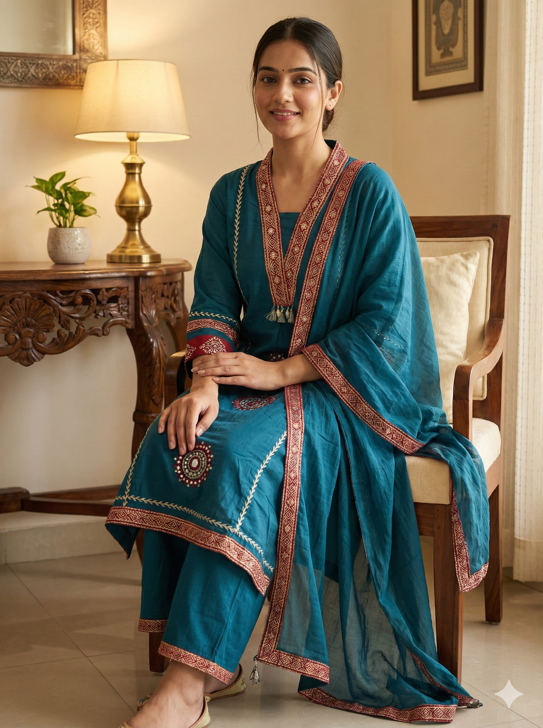 Teal Blue Embroidered Kurta Pant Dupatta Set for Women