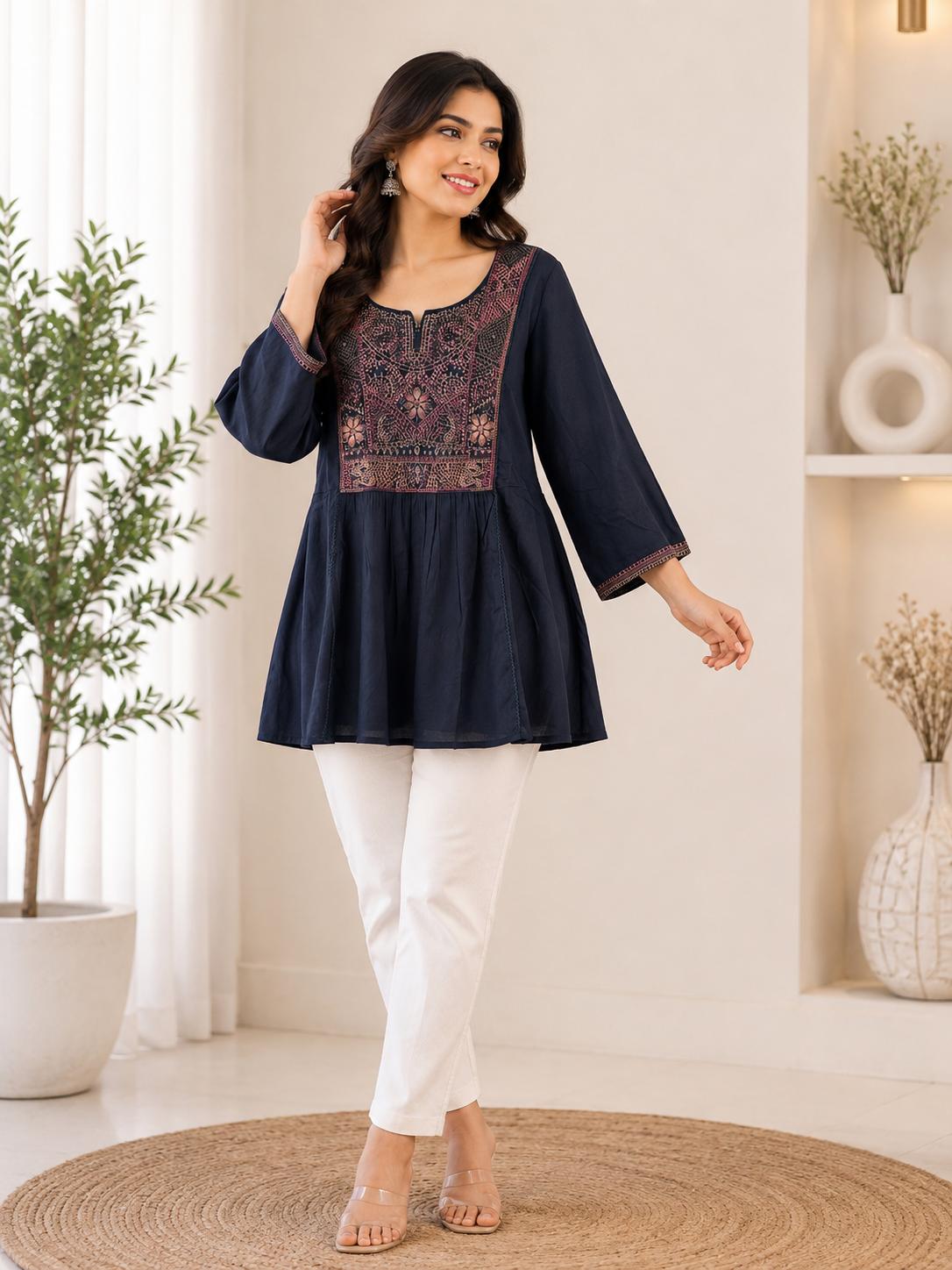 Navy Blue Embroidered Yoke Peplum Top with Bell Sleeves