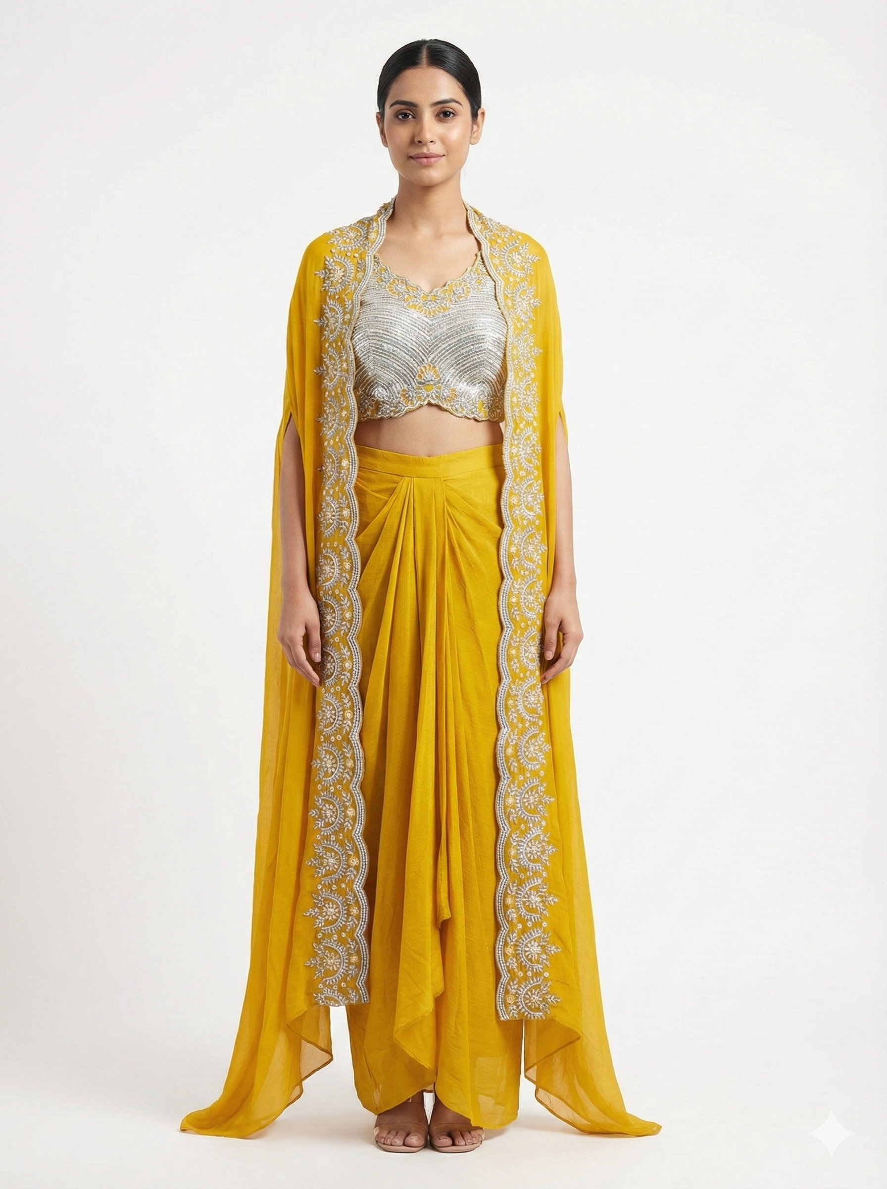 Mustard Yellow Embroidered Cape Drape Set