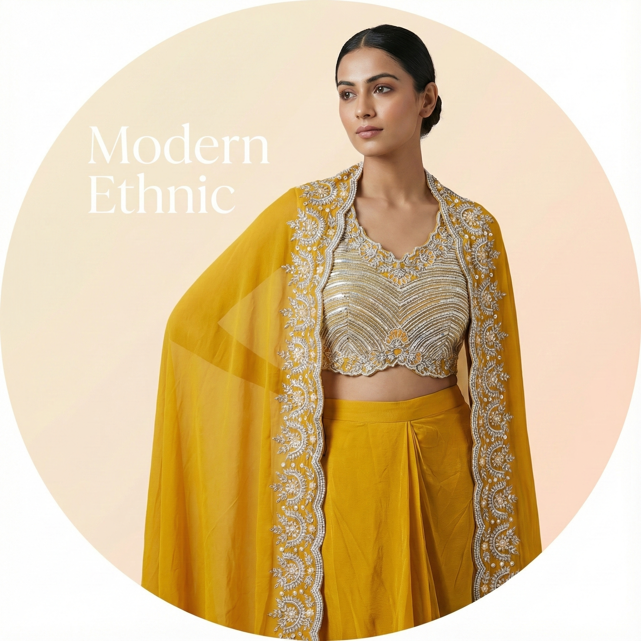 Mustard Yellow Embroidered Cape Drape Set