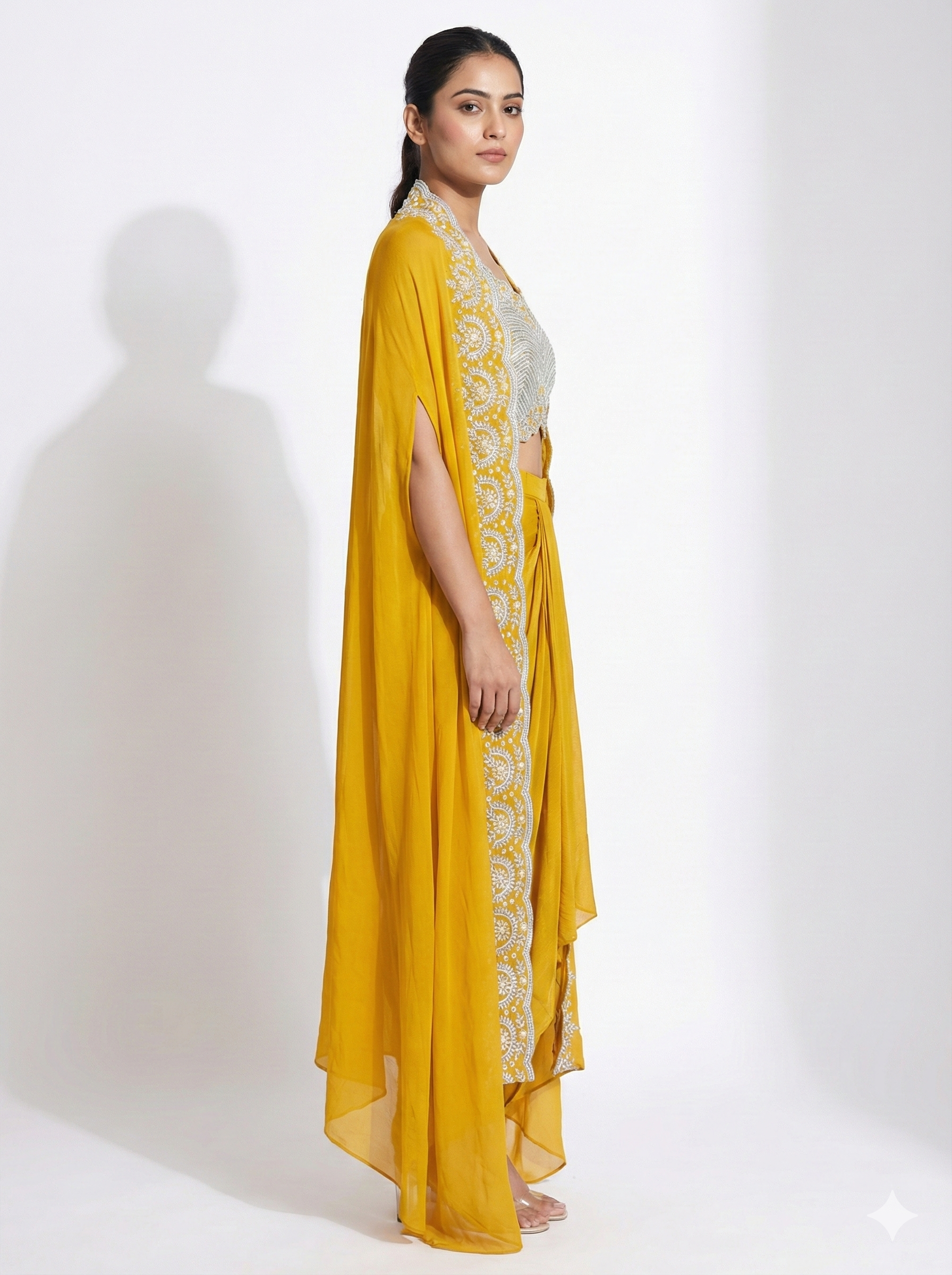 Mustard Yellow Embroidered Cape Drape Set