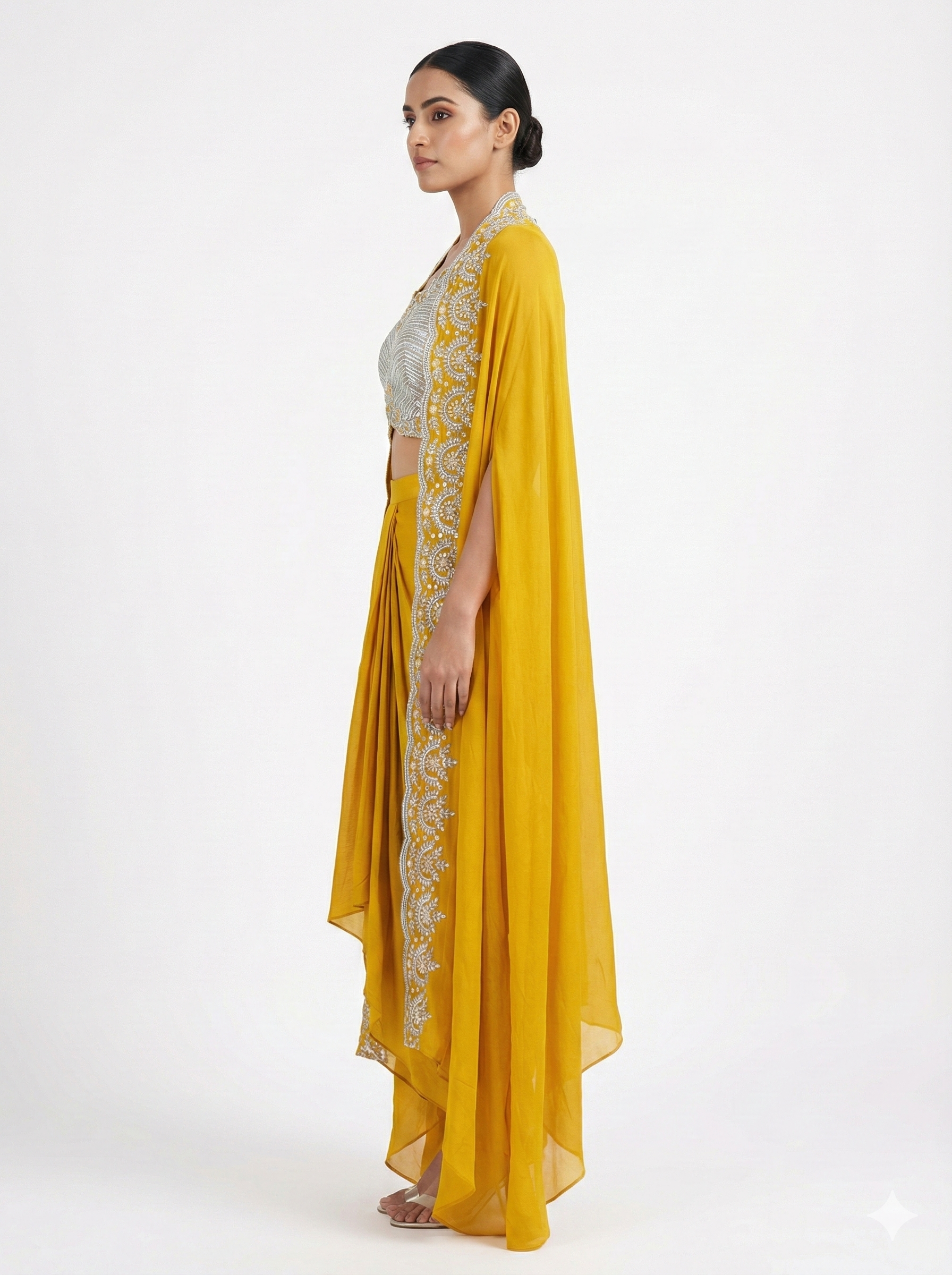 Mustard Yellow Embroidered Cape Drape Set
