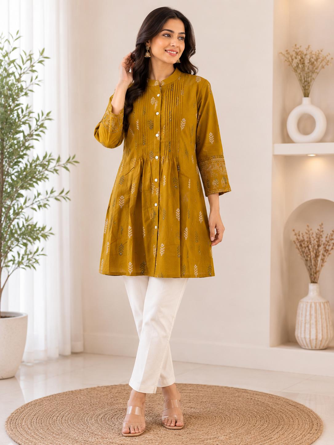 Mustard Yellow Gold Buti Print Pintuck Mandarin Collar A-Line Top