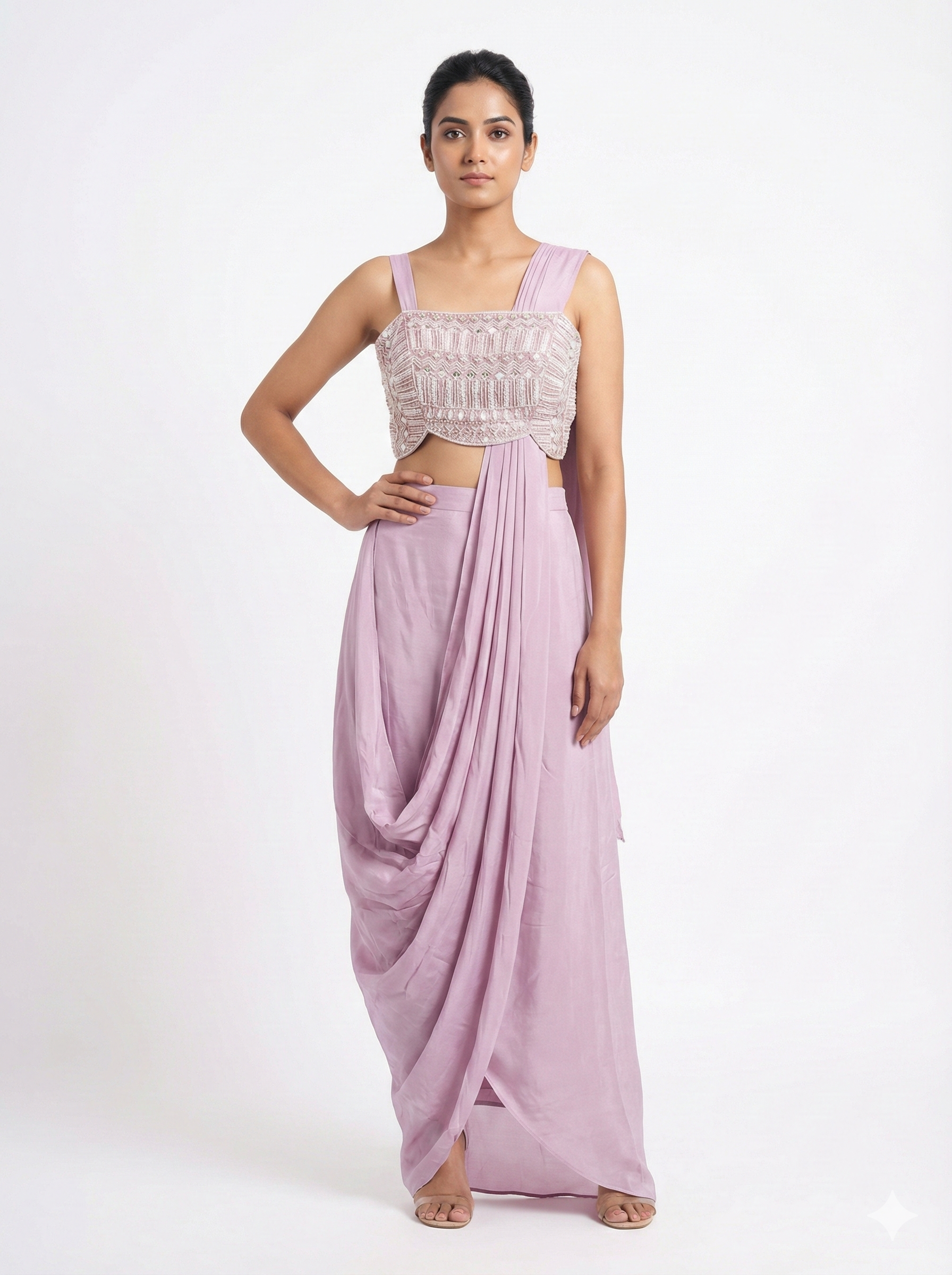 Blush Pink Embroidered Saree Style Drape Set