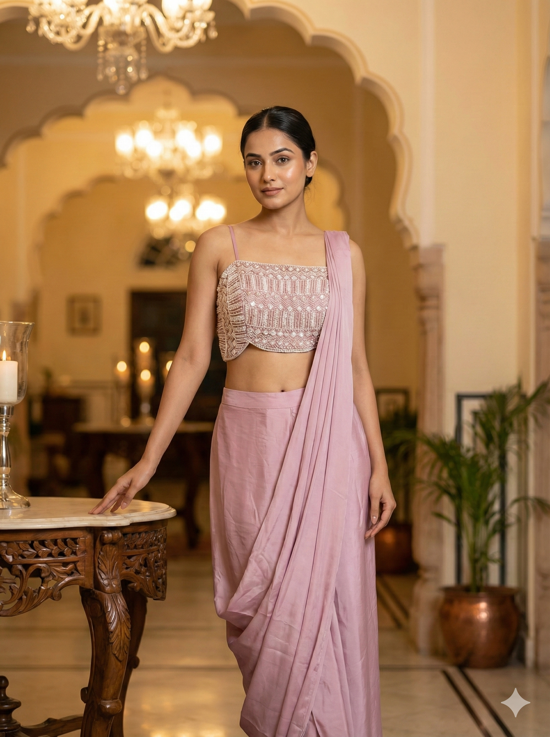 Blush Pink Embroidered Saree Style Drape Set