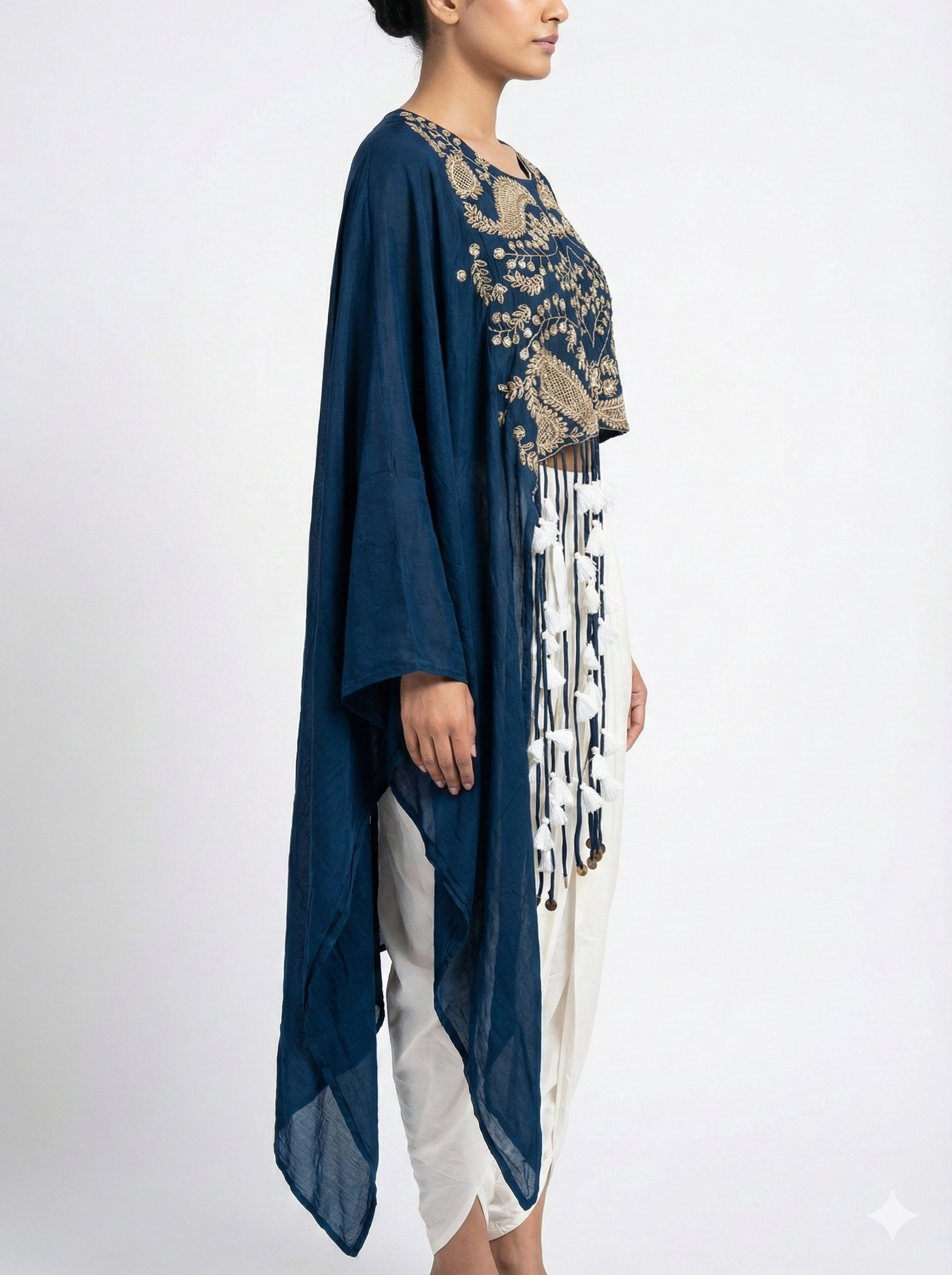 Navy Embroidered Crop Top with Drape Pant Set