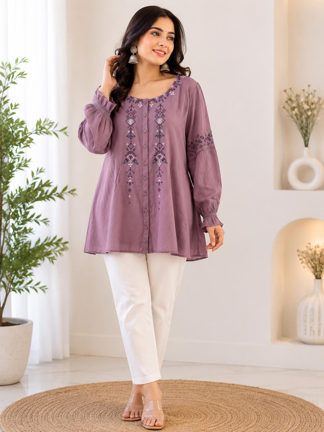 Mauve Geometric Embroidered Button-Front A-Line Top with Balloon Sleeves