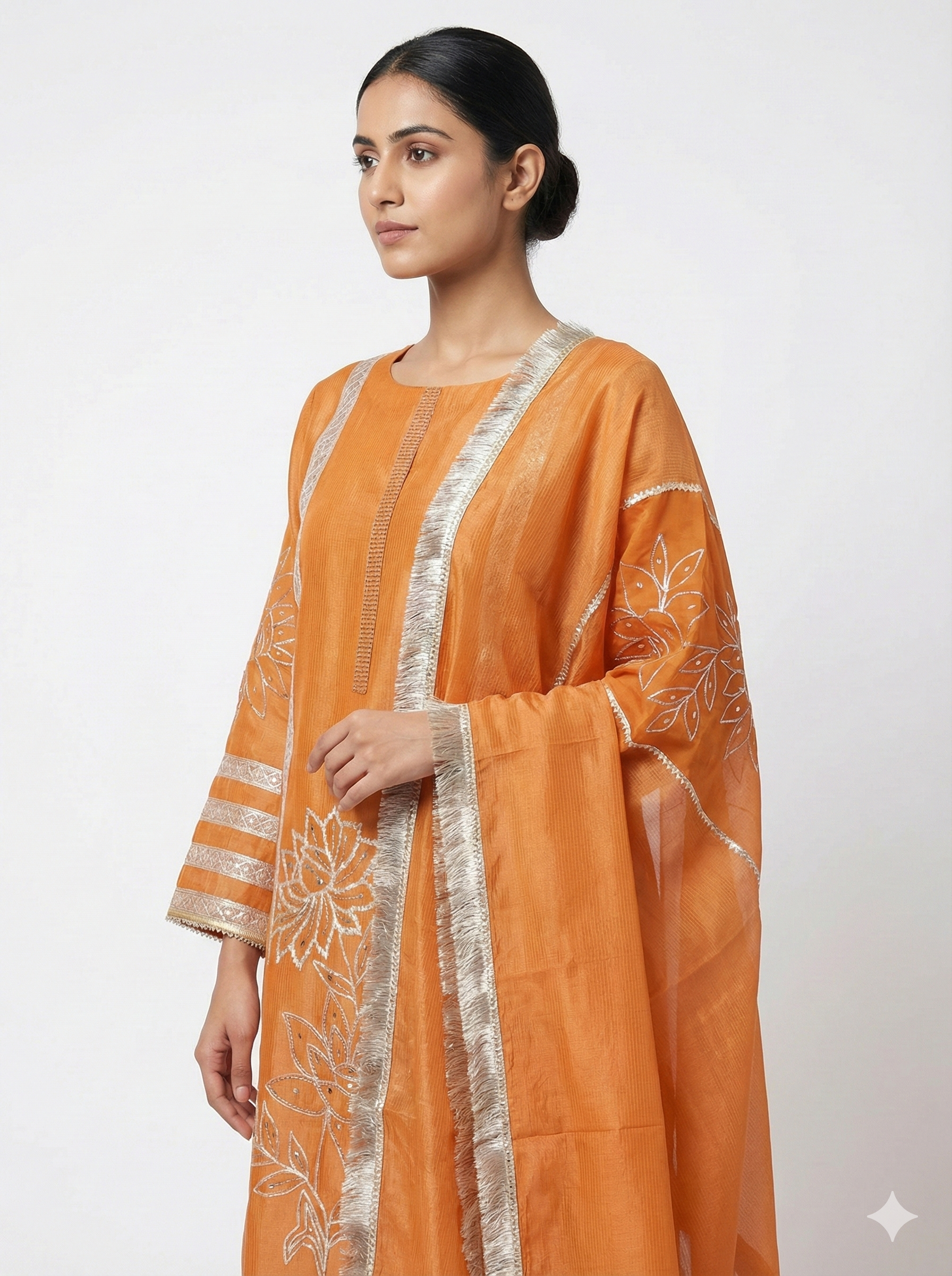 Rust Orange Hand Embroidered Kurta Pant Dupatta Set for Women