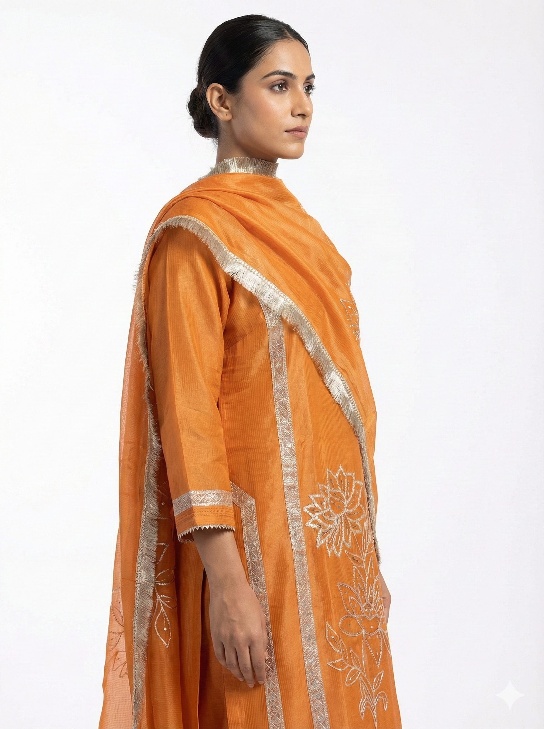 Rust Orange Hand Embroidered Kurta Pant Dupatta Set for Women