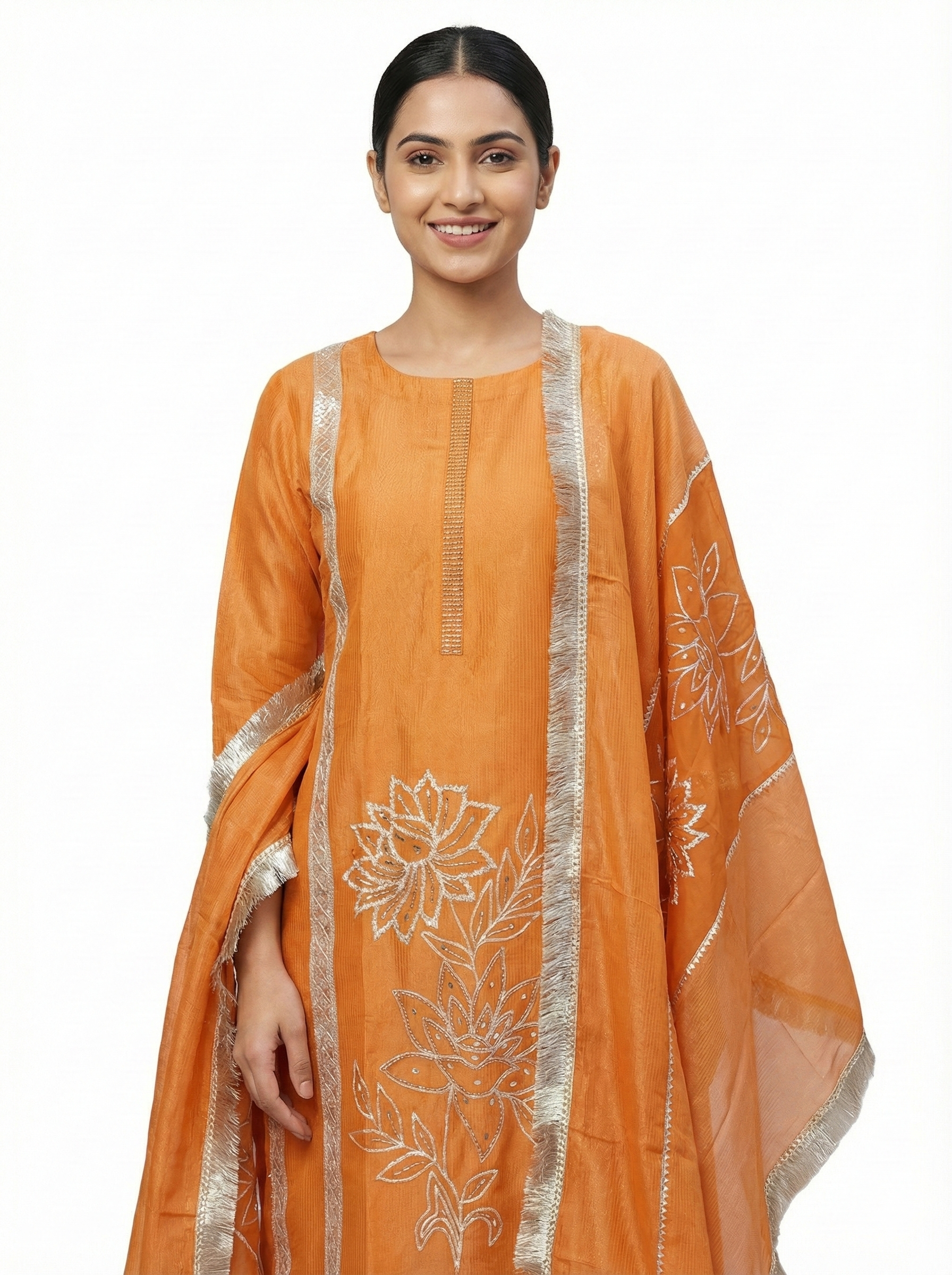 Rust Orange Hand Embroidered Kurta Pant Dupatta Set for Women