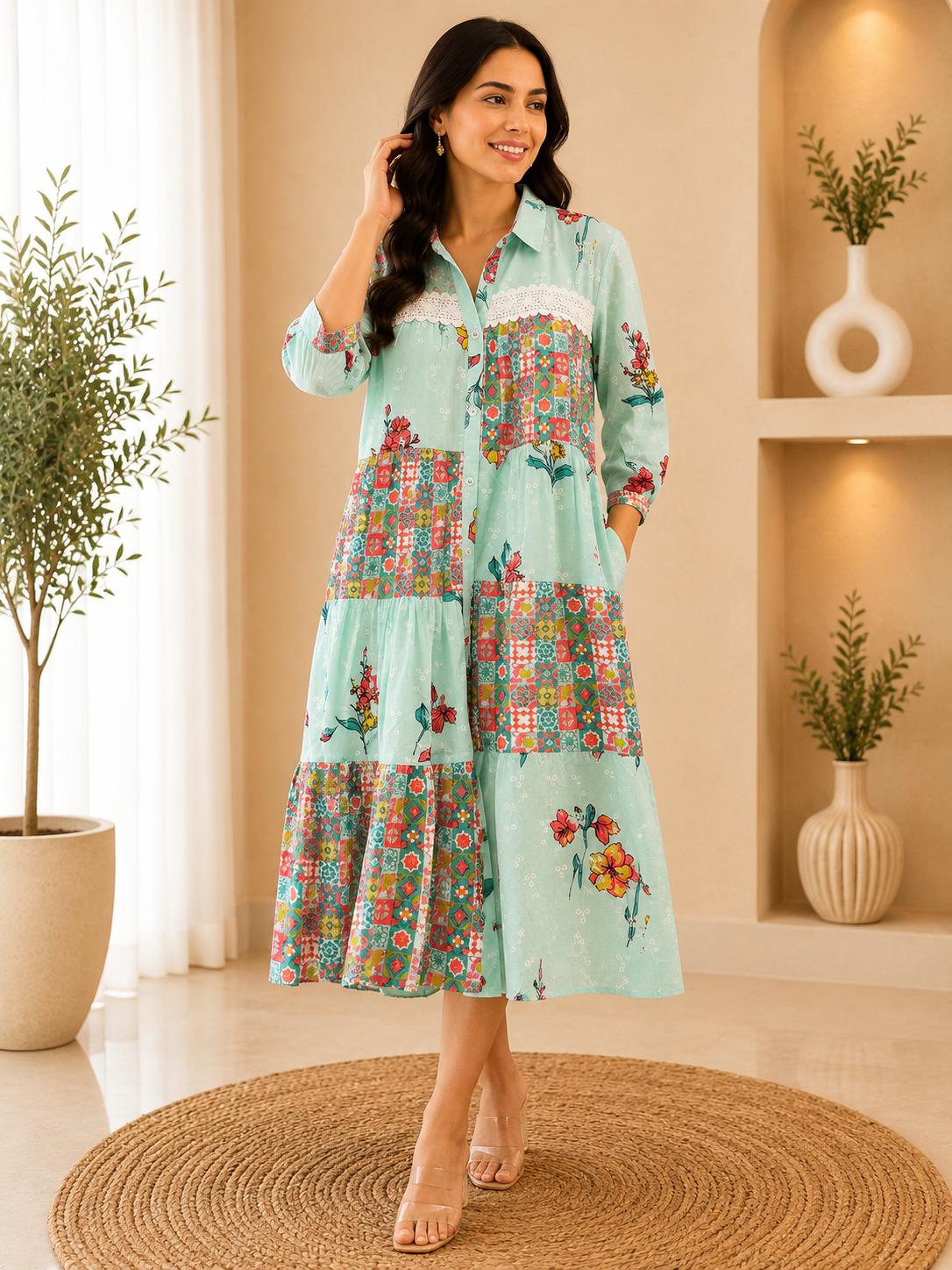 Mint Green Patchwork Print Tiered Collared Midi Dress