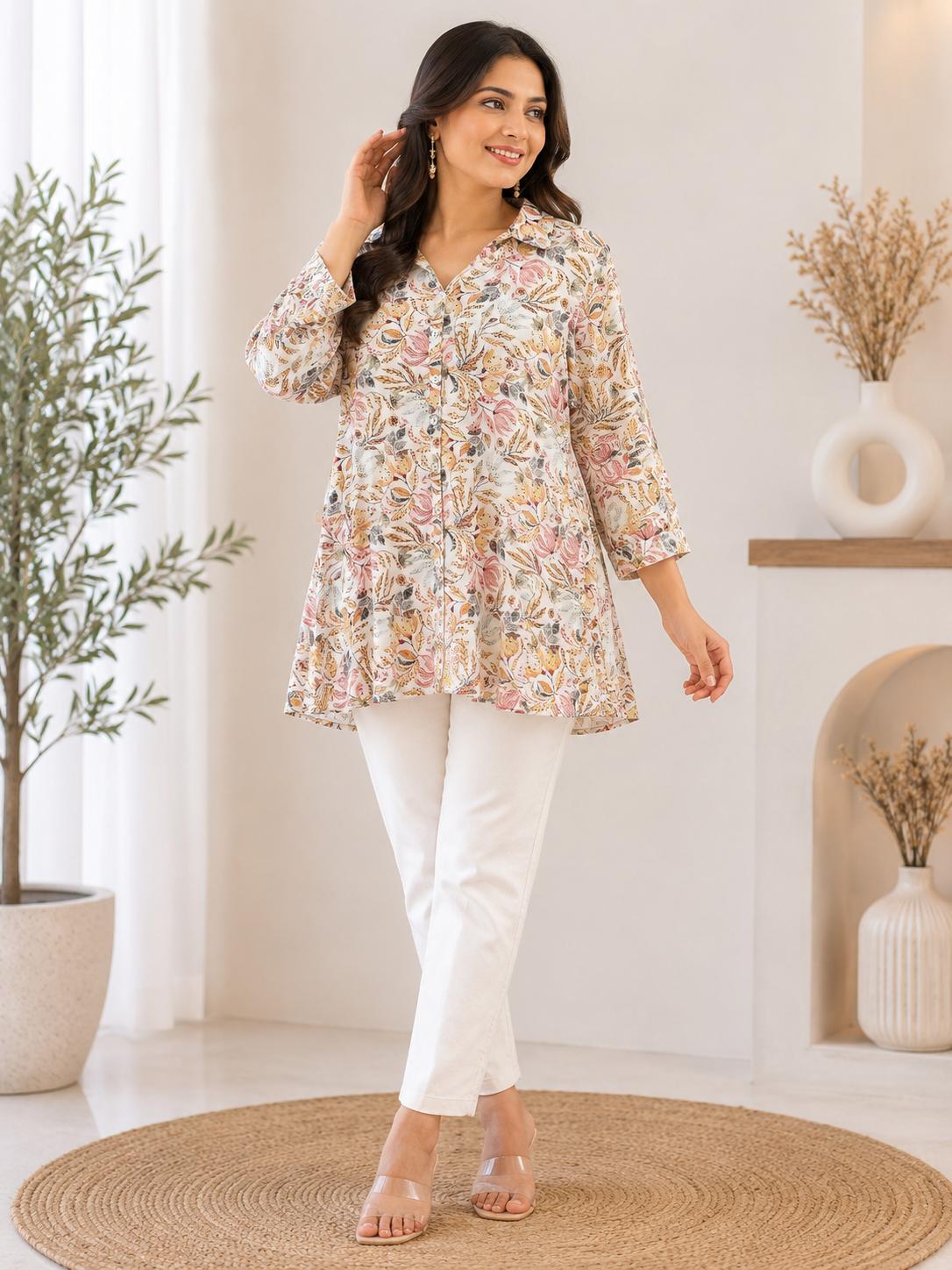 Off White Botanical Floral Print Collar Shirt Tunic Top
