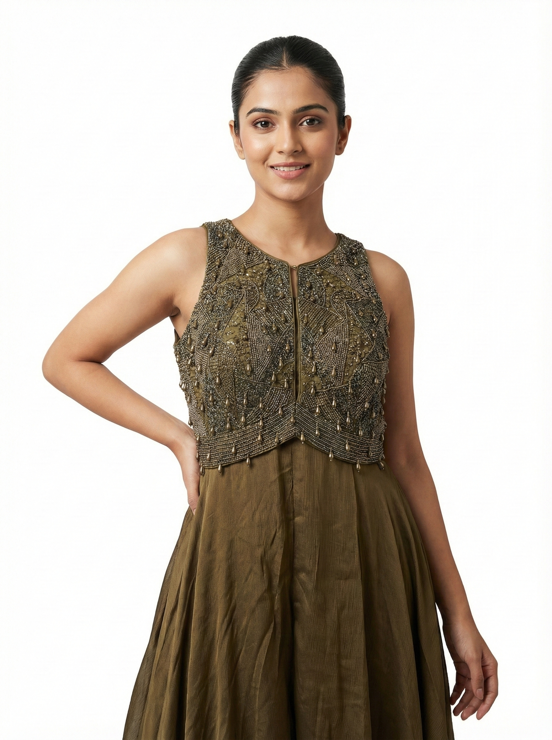 Olive Green Embellished Layered Anarkali Gown Set for Women