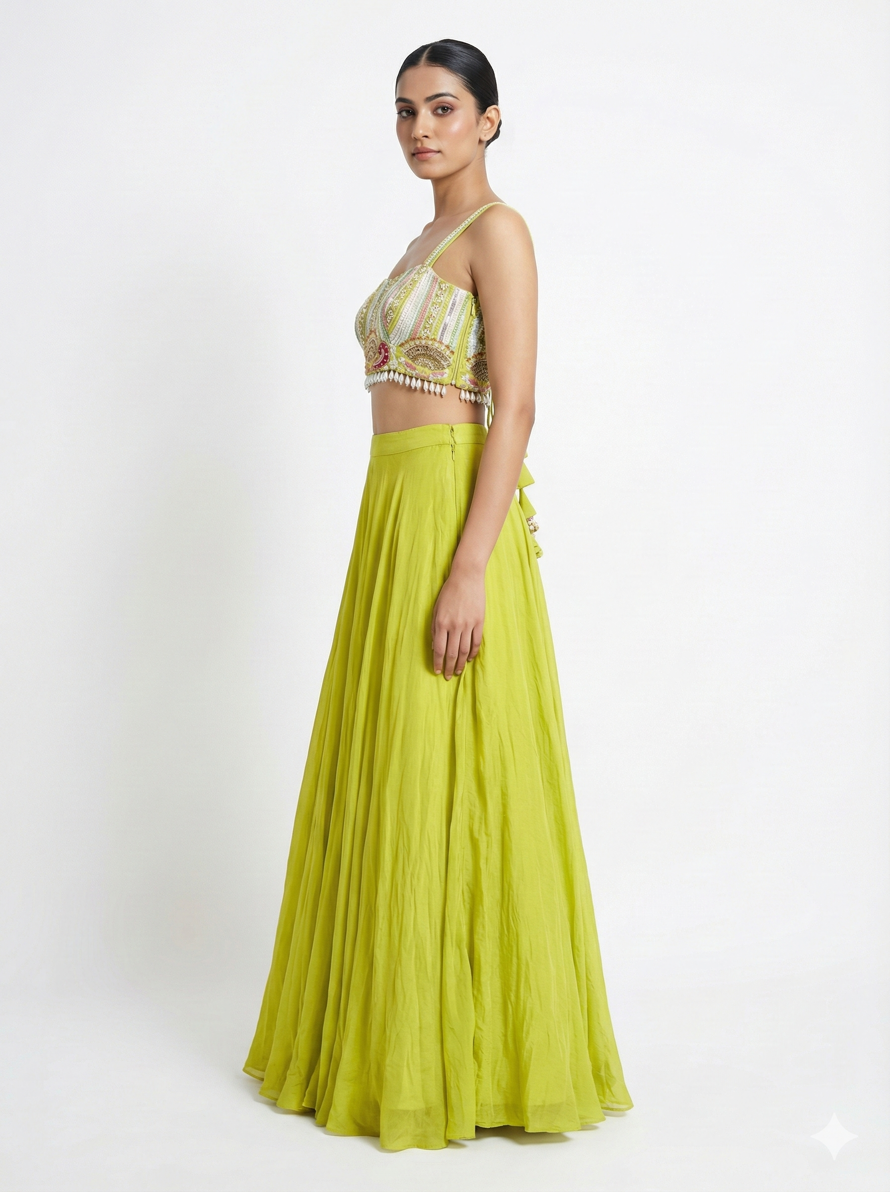 Lime Green Embroidered Crop Top and Flared Skirt Set for Women