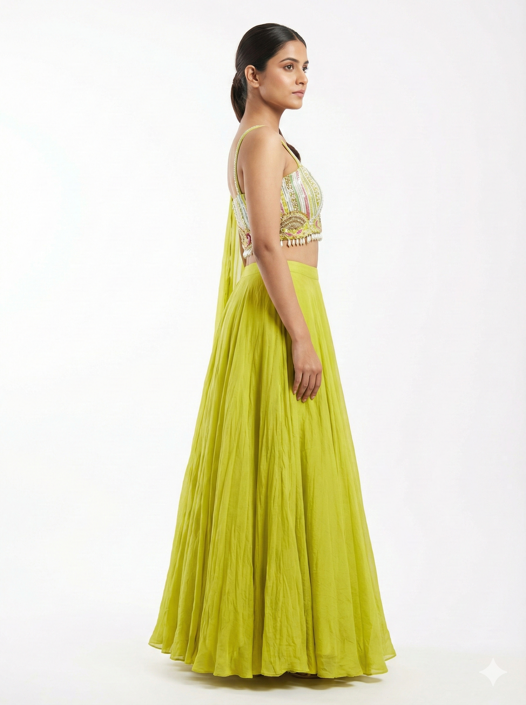 Lime Green Embroidered Crop Top and Flared Skirt Set for Women