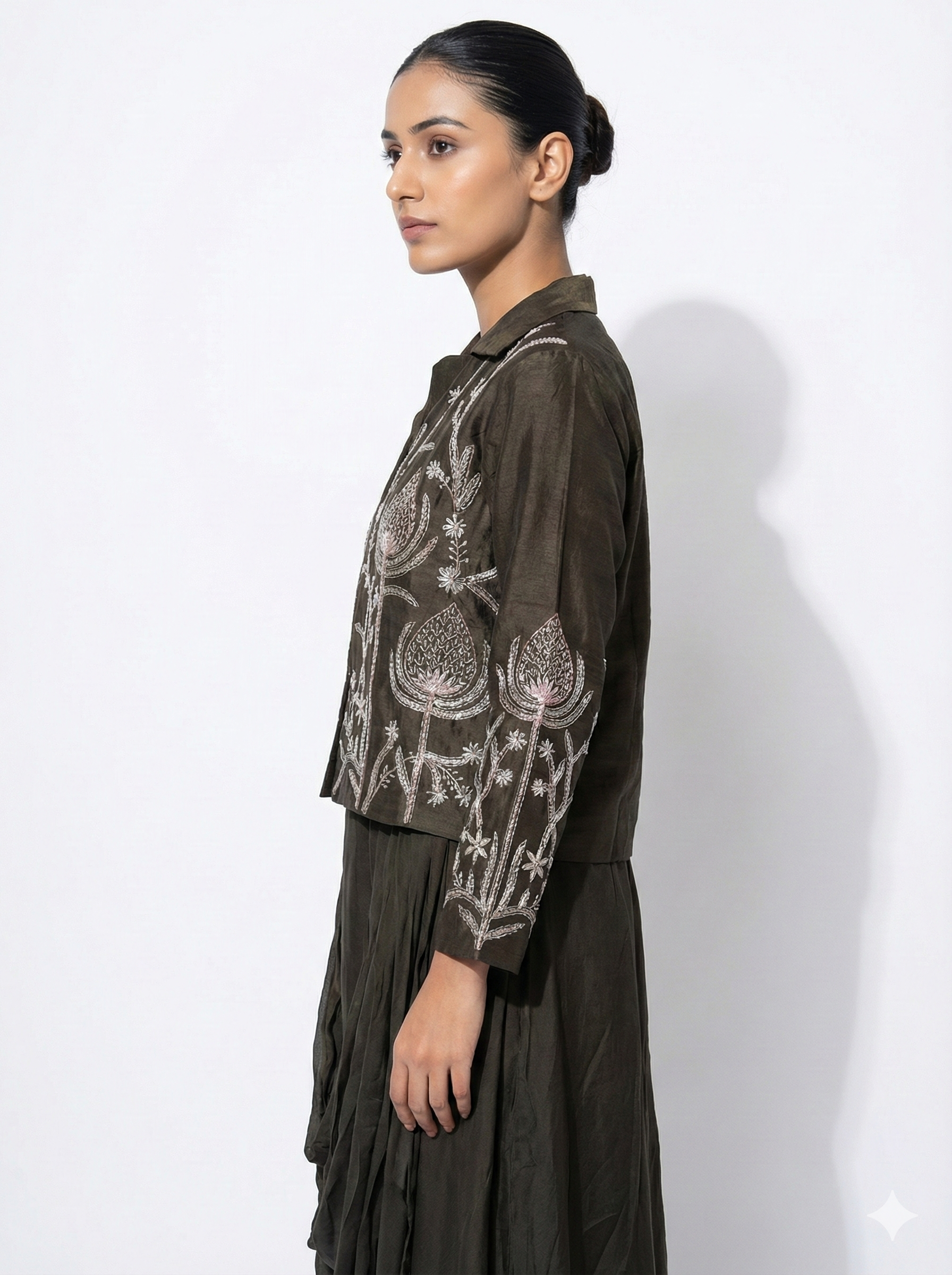 Olive Embroidered Layered Drape Dress for Women