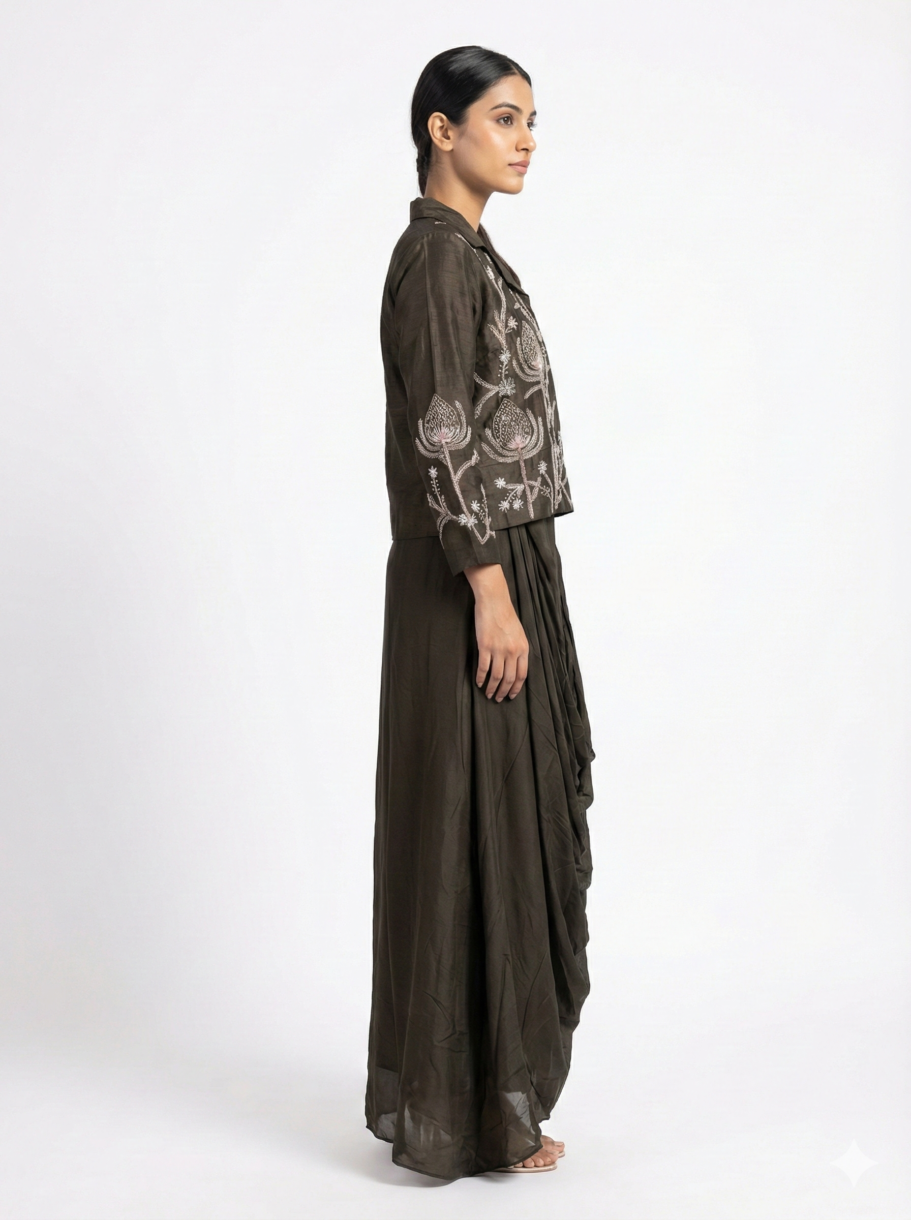 Olive Embroidered Layered Drape Dress for Women
