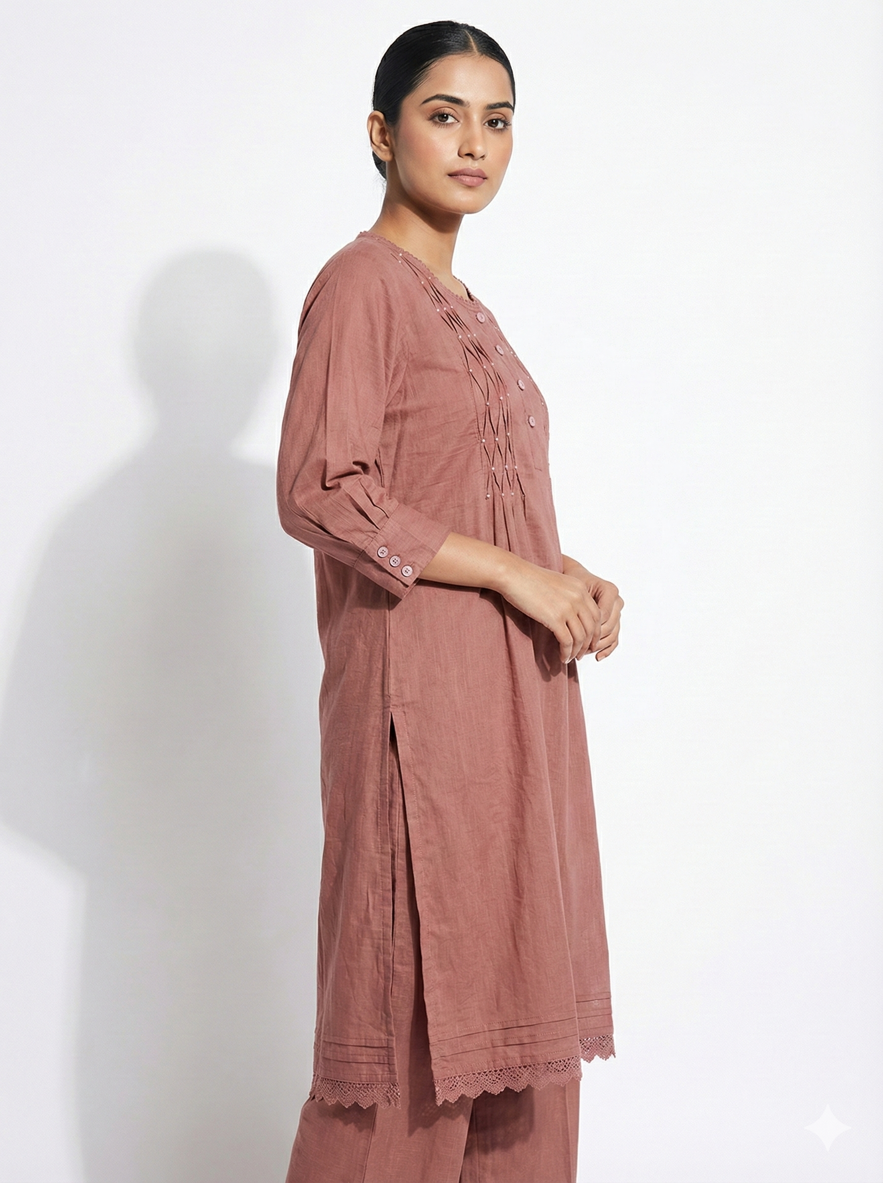 Dusty Rose Embroidered Cotton Kurta Pant Set for Women