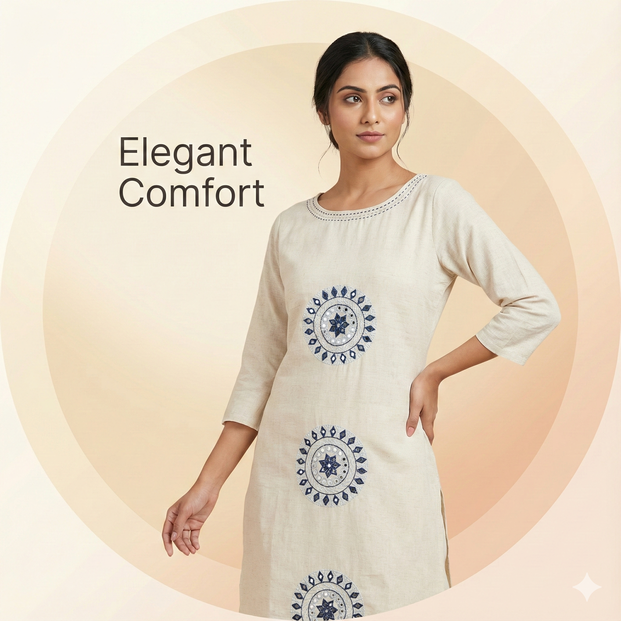 Beige Ethnic Kurta with Circular Mandala Motif Print