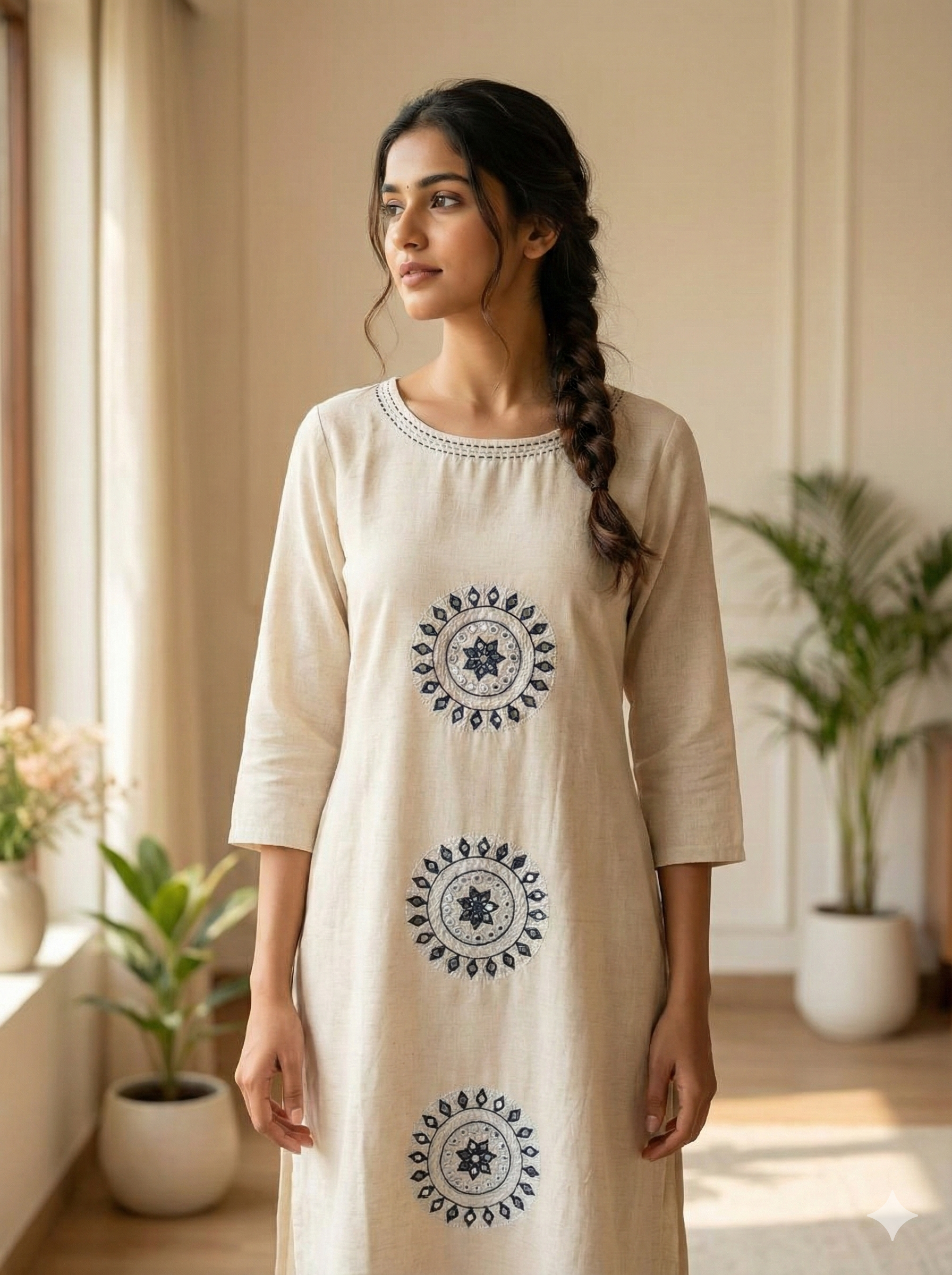 Beige Ethnic Kurta with Circular Mandala Motif Print