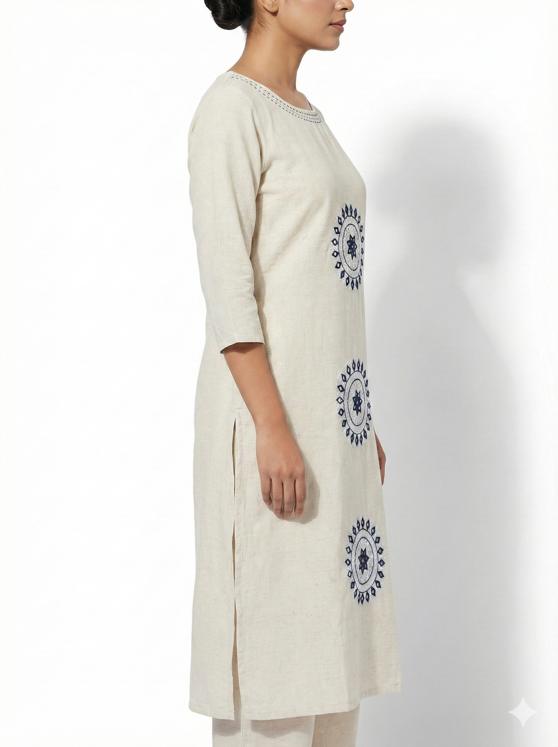 Beige Ethnic Kurta with Circular Mandala Motif Print