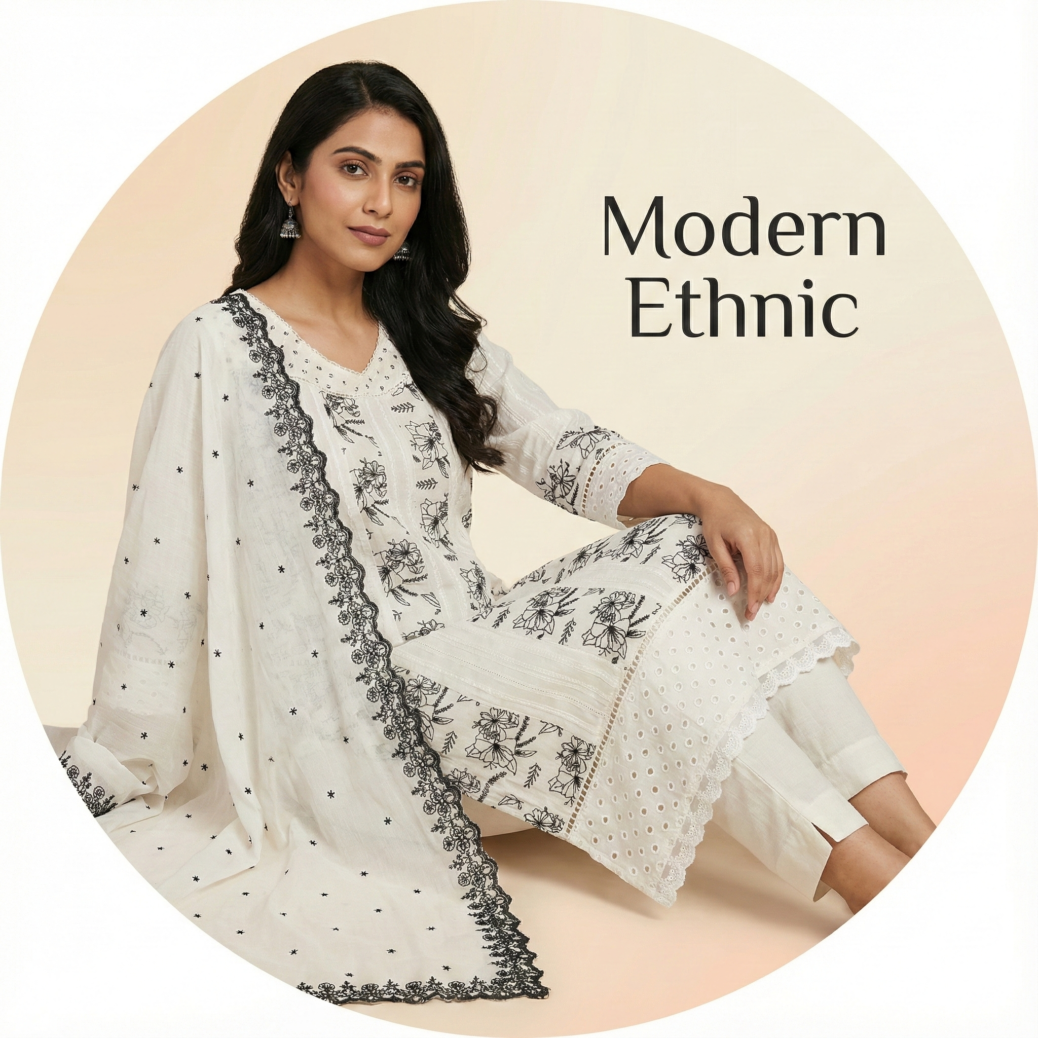 White Black Floral Embroidered Kurta Dupatta Set