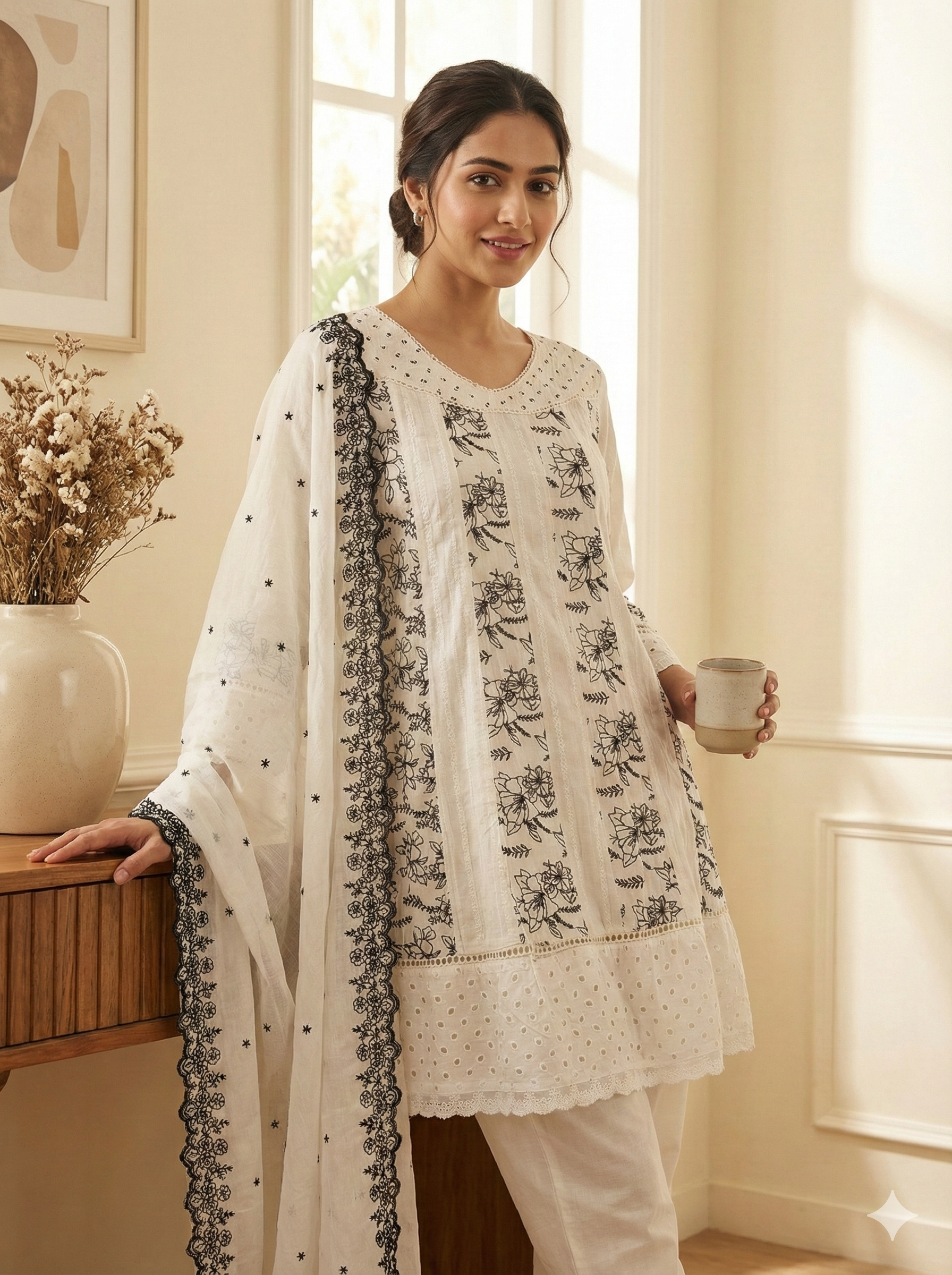 White Black Floral Embroidered Kurta Dupatta Set