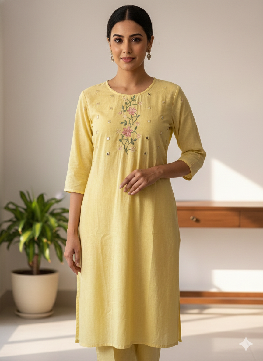 Soft Yellow Floral Embroidered Straight Kurta
