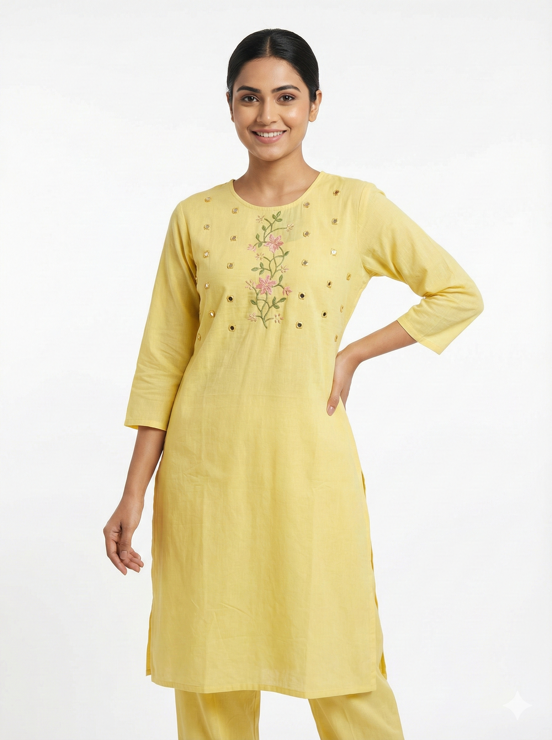 Soft Yellow Floral Embroidered Straight Kurta