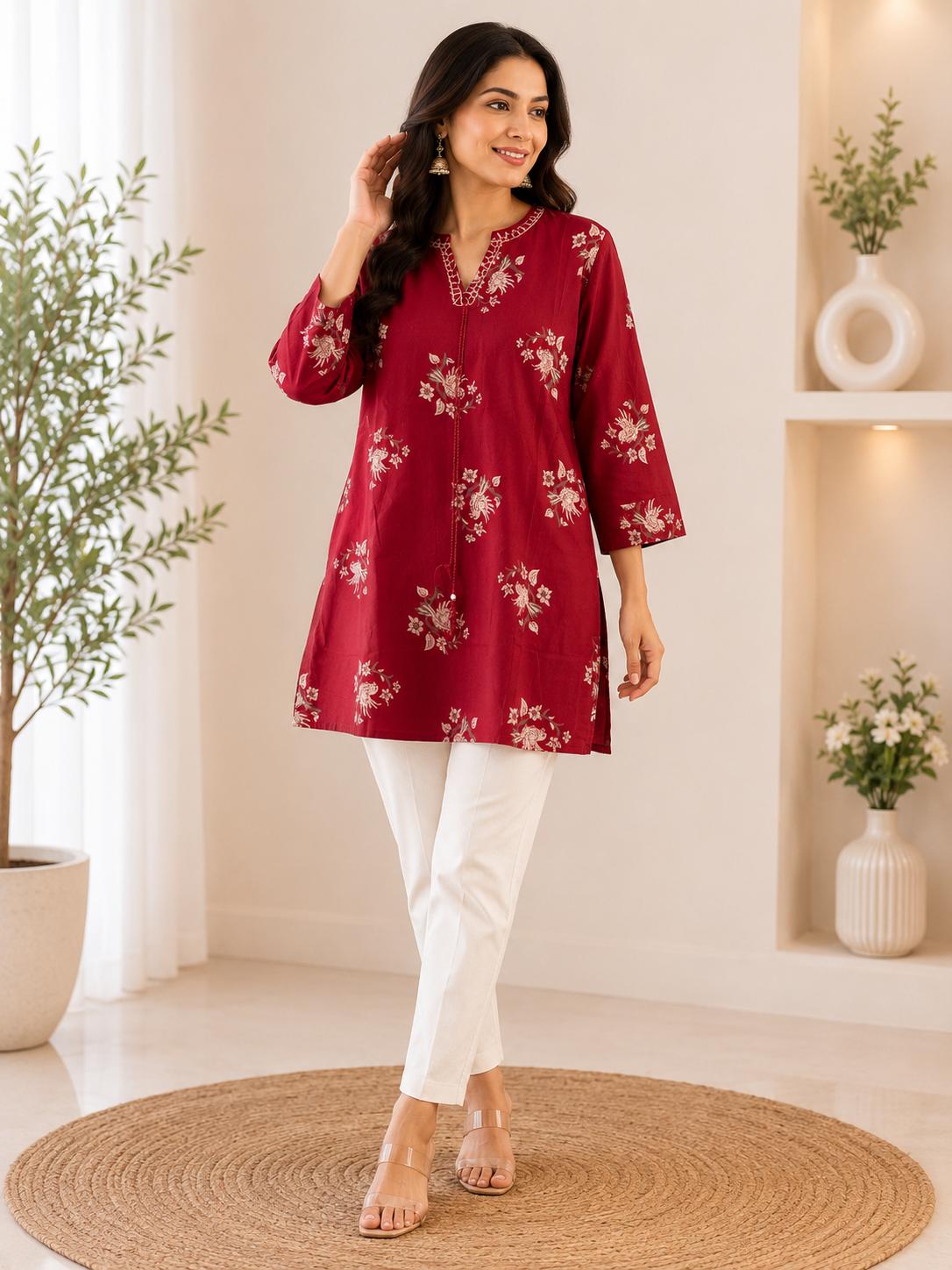 Crimson Red Floral Print V-Neck Tunic Top with Lace Trim