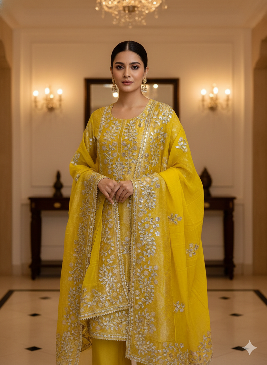 Yellow Festive Embroidered Suit Set with Heavy Dupatta