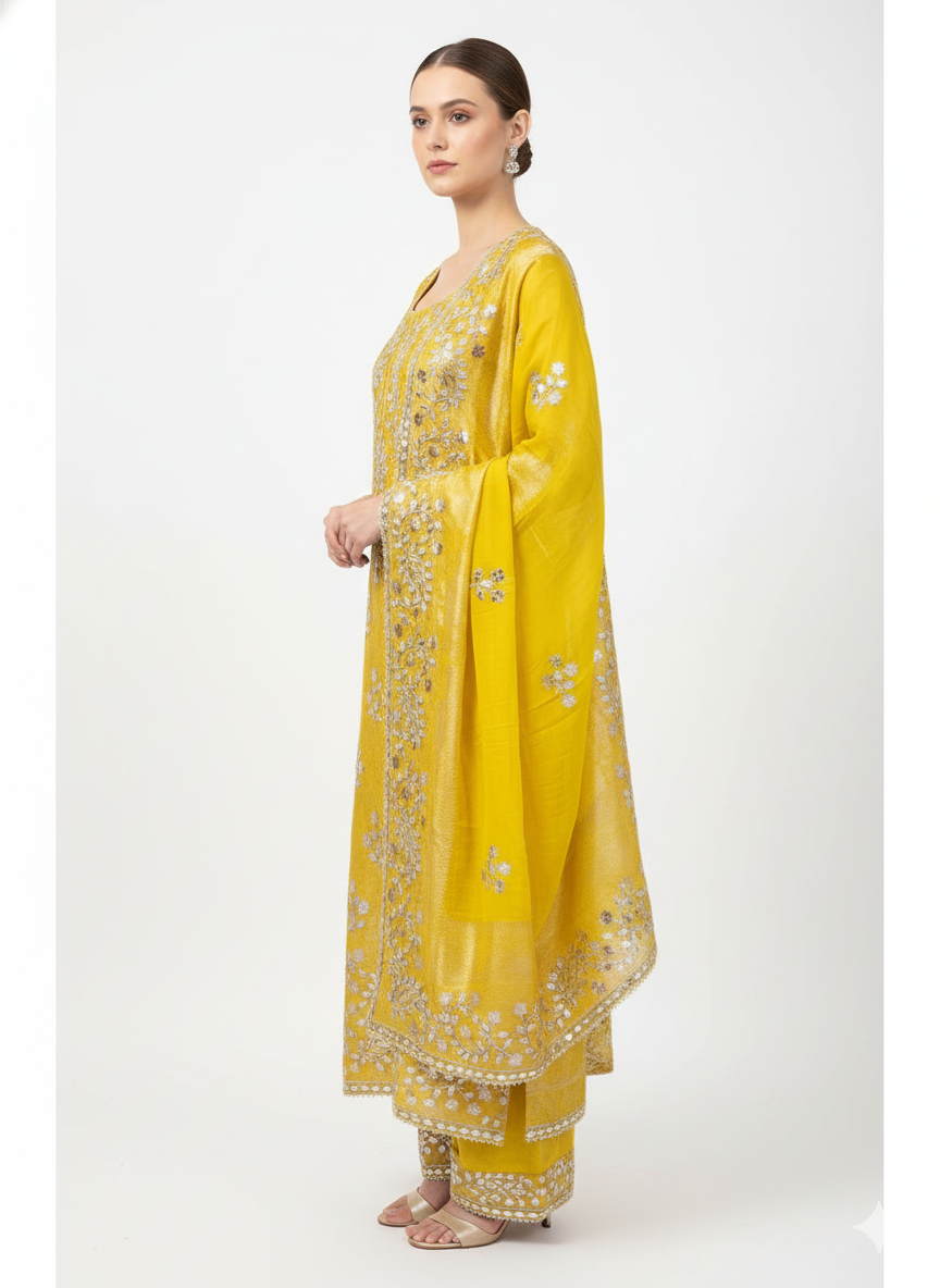 Yellow Festive Embroidered Suit Set with Heavy Dupatta