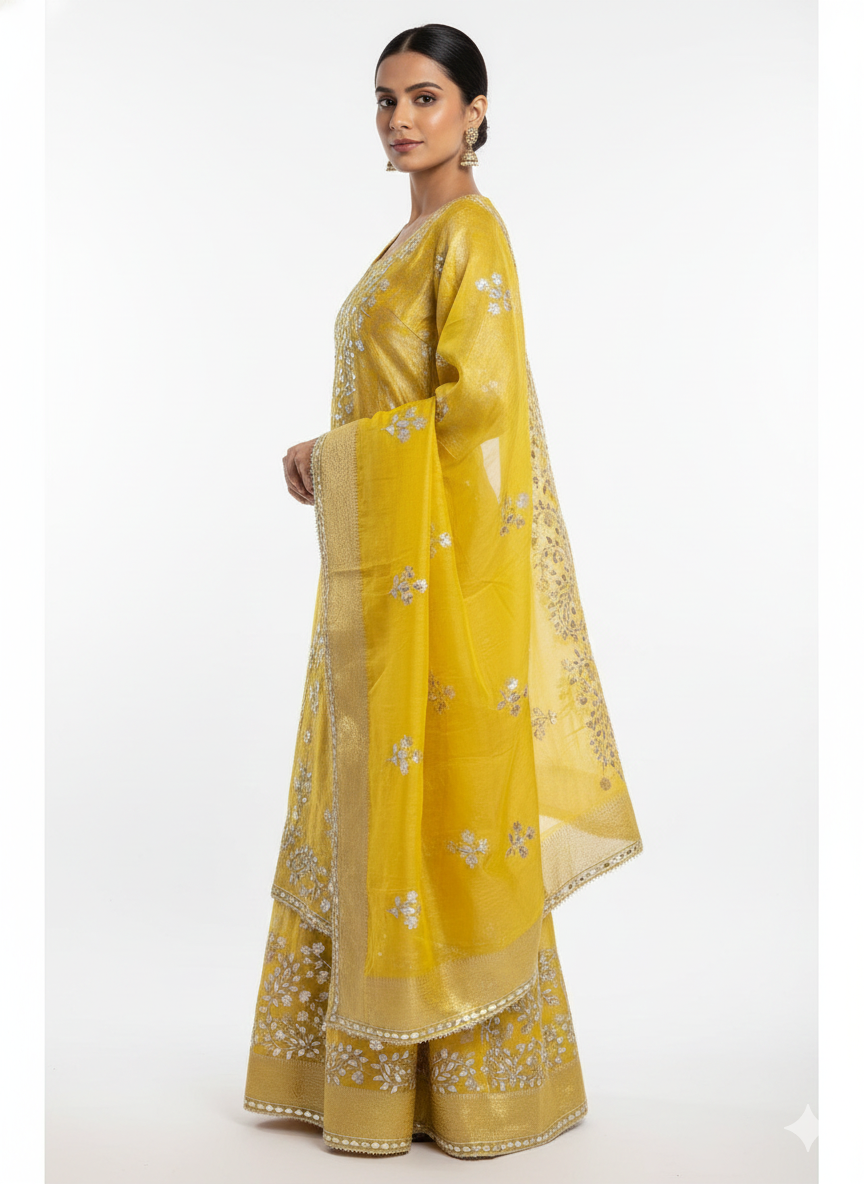 Yellow Festive Embroidered Suit Set with Heavy Dupatta